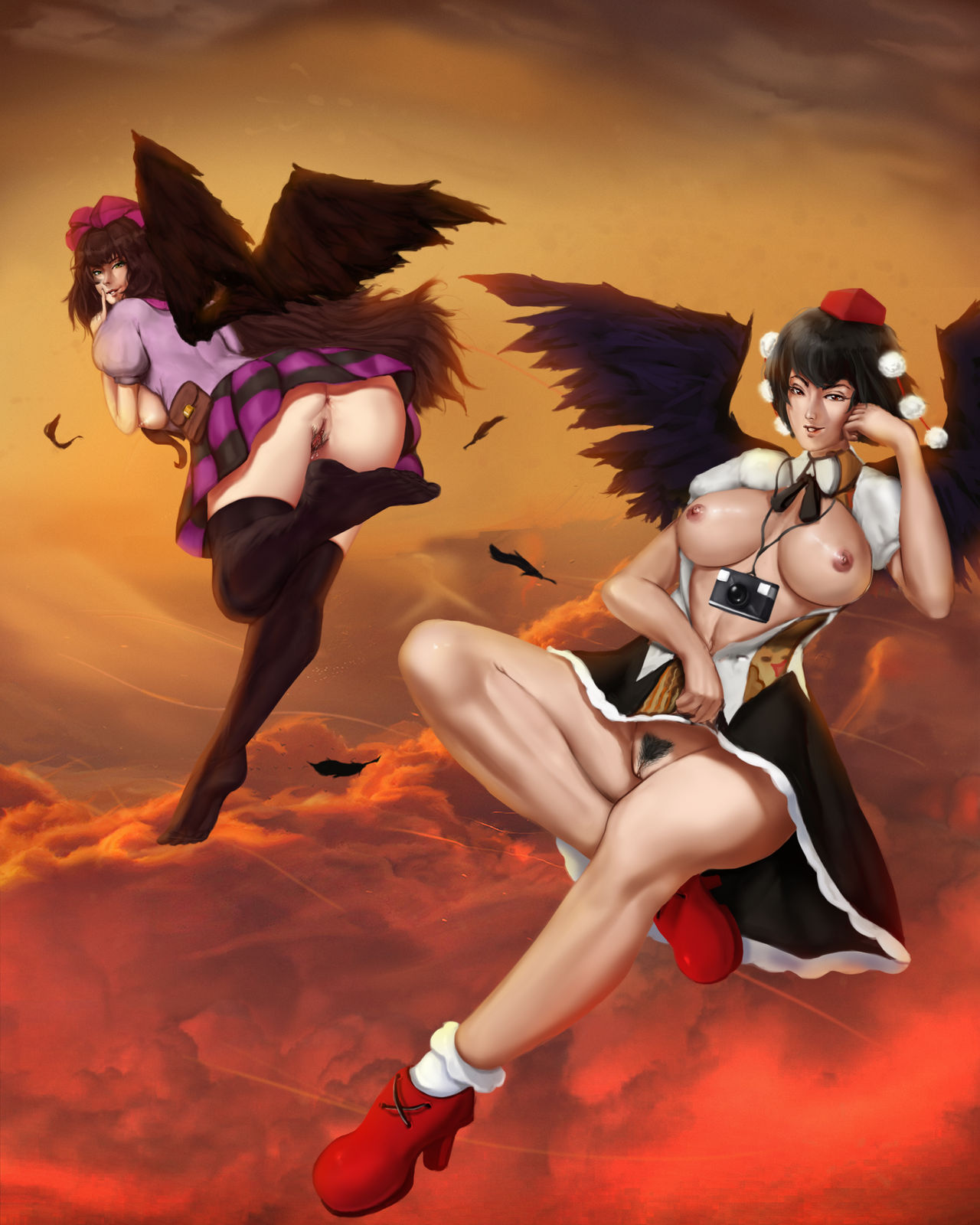 black_hair brown_hair camera churuchuchux feet female_only hat hatate_himekaidou large_breasts long_hair no_panties pubic_hair pussy shameimaru_aya short_hair tengu thighhighs touhou upskirt wings