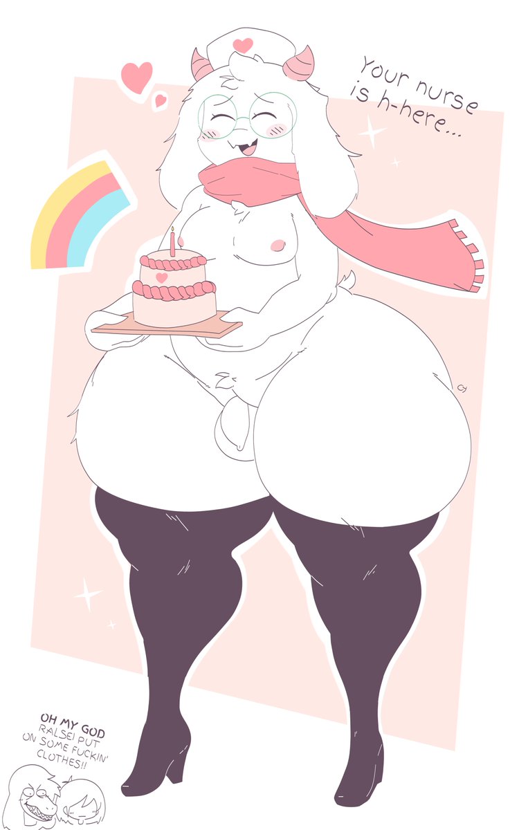 1boy, 2d, anthro, anthro male, anthro only, ass, big ass, blush, caprine, cyanu, deltarune, english text, femboy, flaccid, flaccid penis, furry, furry male, furry only, goat, high heels, huge ass, humanoid, humanoid male, humanoid only, male, male only, mammal, mammal humanoid, nurse, partially clothed, penis, ralsei, solo, talking, teapot (body type), text, thick thighs, undertale (series), wide hips
