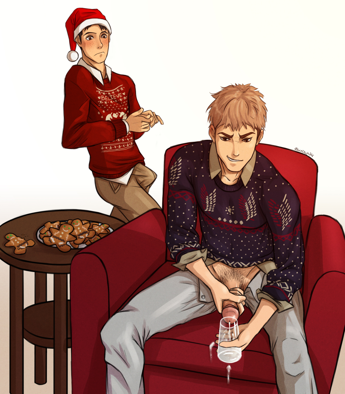 2boys, attack on titan, bludwing, christmas, christmas sweater, clothed, cum, cum in container, ejaculation, gay, gingerbread man, hard on, jean kirstein, male, male only, marco bodt, masturbation, open pants, pants open, penis, penis under clothes, shingeki no kyojin, sitting on couch, surprised, walk-in