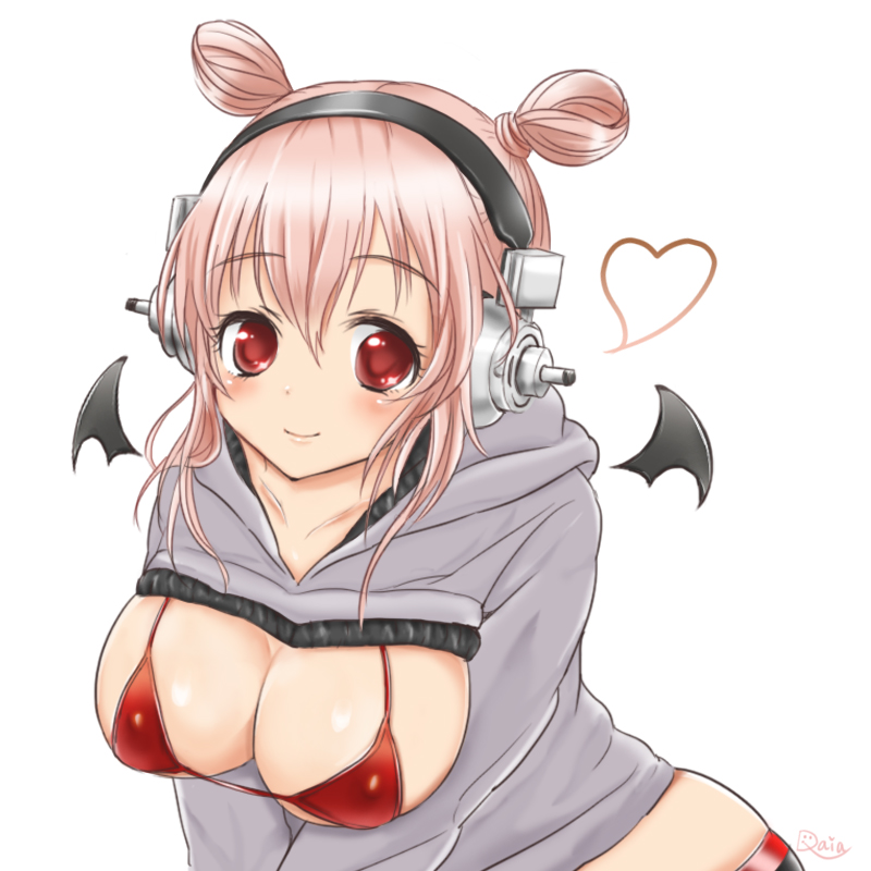 1girls alternate_hairstyle bikini blush cleavage cute demon demon_girl demon_wings double_bun grey_sweater hair_bun headphones heart huge_breasts looking_at_viewer nitroplus pink_hair red_bikini red_eyes revealing_clothes simple_background smile solo succubus super_sonico sweater tsuji_santa white_background wings