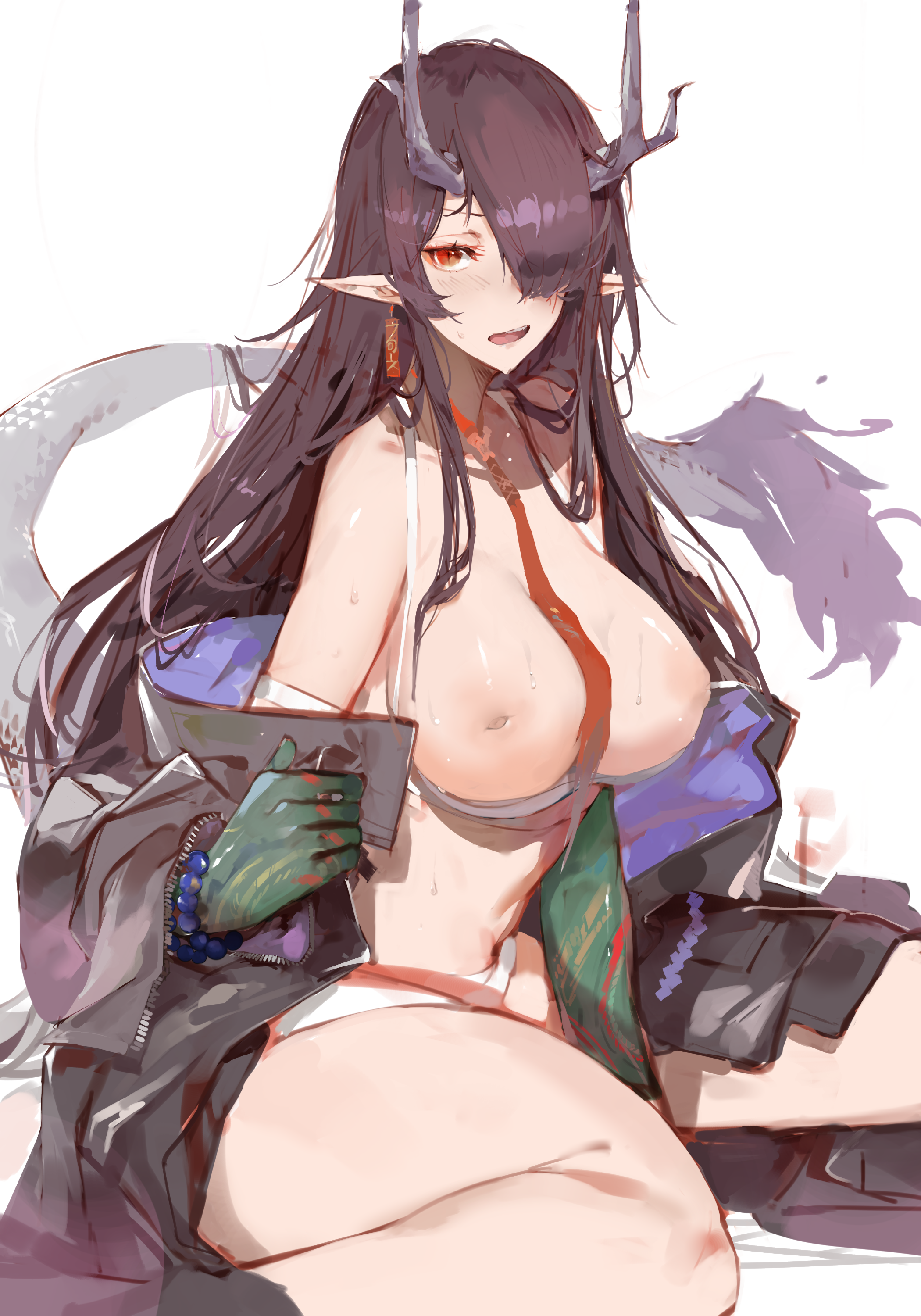 1girls, annoyed, areolae, arknights, bead bracelet, beads, big breasts, bikini, bikini pull, black hair, black jacket, blush, bracelet, breasts, breasts out of clothes, cleavage, clothes pull, clothing, colored skin, dokuro deluxe, dragon girl, dragon horns, dragon tail, dusk (arknights), earrings, embarrassed, exposed breasts, feet out of frame, female, female only, green skin, hair between eyes, hair over one eye, high resolution, horns, inverted nipples, jacket, jewelry, large breasts, long hair, looking at viewer, monster girl, multicolored skin, navel, nipples, off shoulder, open clothes, open jacket, open mouth, pointed ears, pointy ears, red eyes, red neckwear, simple background, sitting, slit pupils, solo, stomach, sweat, sweatdrop, sweating, swimsuit, swimsuit pull, tail, tassel, tassel earrings, thick thighs, thighs, tie, very high resolution, white background, white bikini, white swimsuit