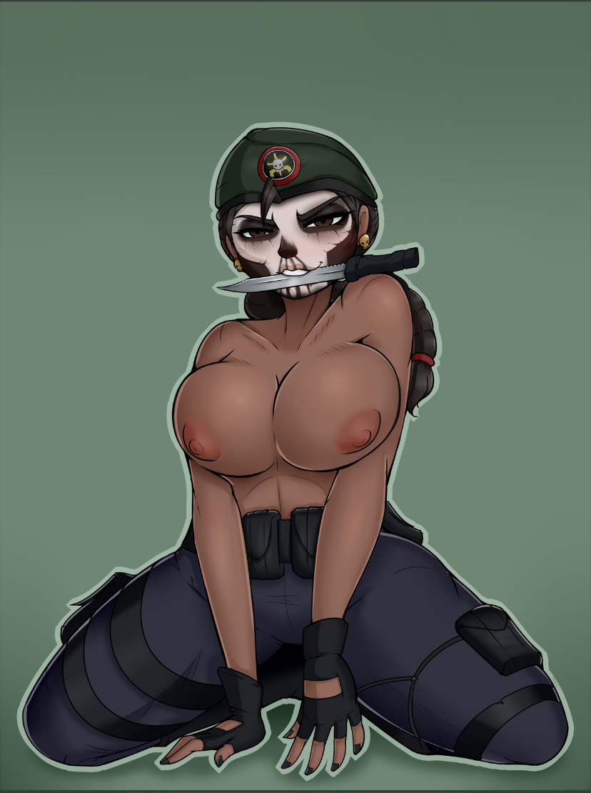 aplanningduo big_breasts brazilian brazilian_female caveira_(rainbow_six) female kneeling knife latina pinup pinup_pose posing rainbow_six rainbow_six_siege tagme topless