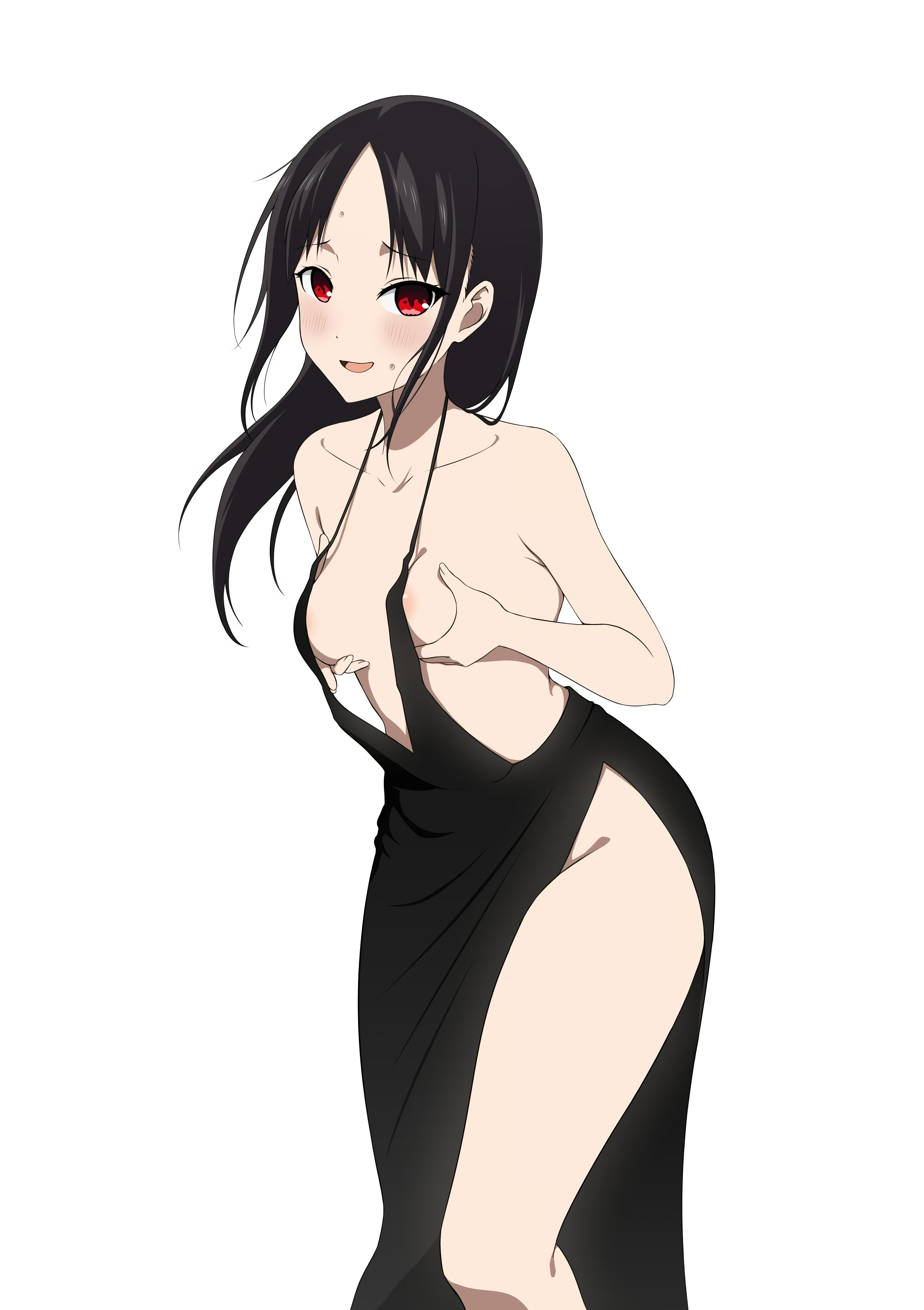 1girls, accurate art style, areola slip, areolae, bare shoulders, black dress, black hair, blush, breasts, collarbone, coro fae, dress, embarrassed, female, female only, hair down, hands on breasts, hands on own chest, highres, kaguya-sama wa kokurasetai ~tensai-tachi no renai zunousen~, legs, light skin, light-skinned female, long hair, looking at viewer, loose clothes, medium breasts, nervous, no bra, no panties, official style, open mouth, red eyes, seductive, shinomiya kaguya, shy, smile, solo, standing, sweatdrop, thighs, white background