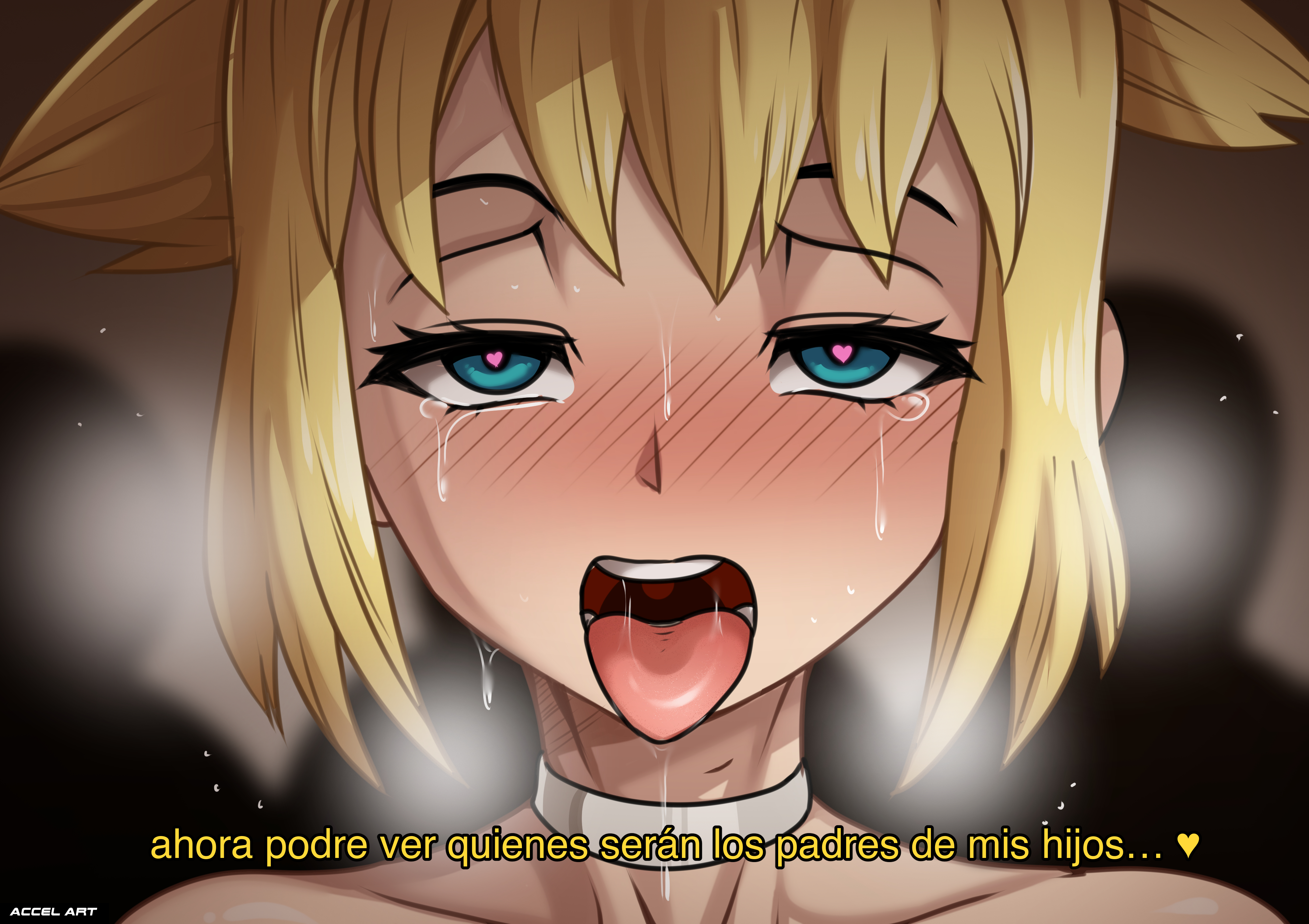1girls, accelart, ahe gao, ahegao, big breasts, blindfold, blonde hair, breasts, dr.stone, female, heart-shaped pupils, imminent sex, kohaku (dr.stone), laying on bed, mouth open, short hair, spanish text, text, tongue, tongue out