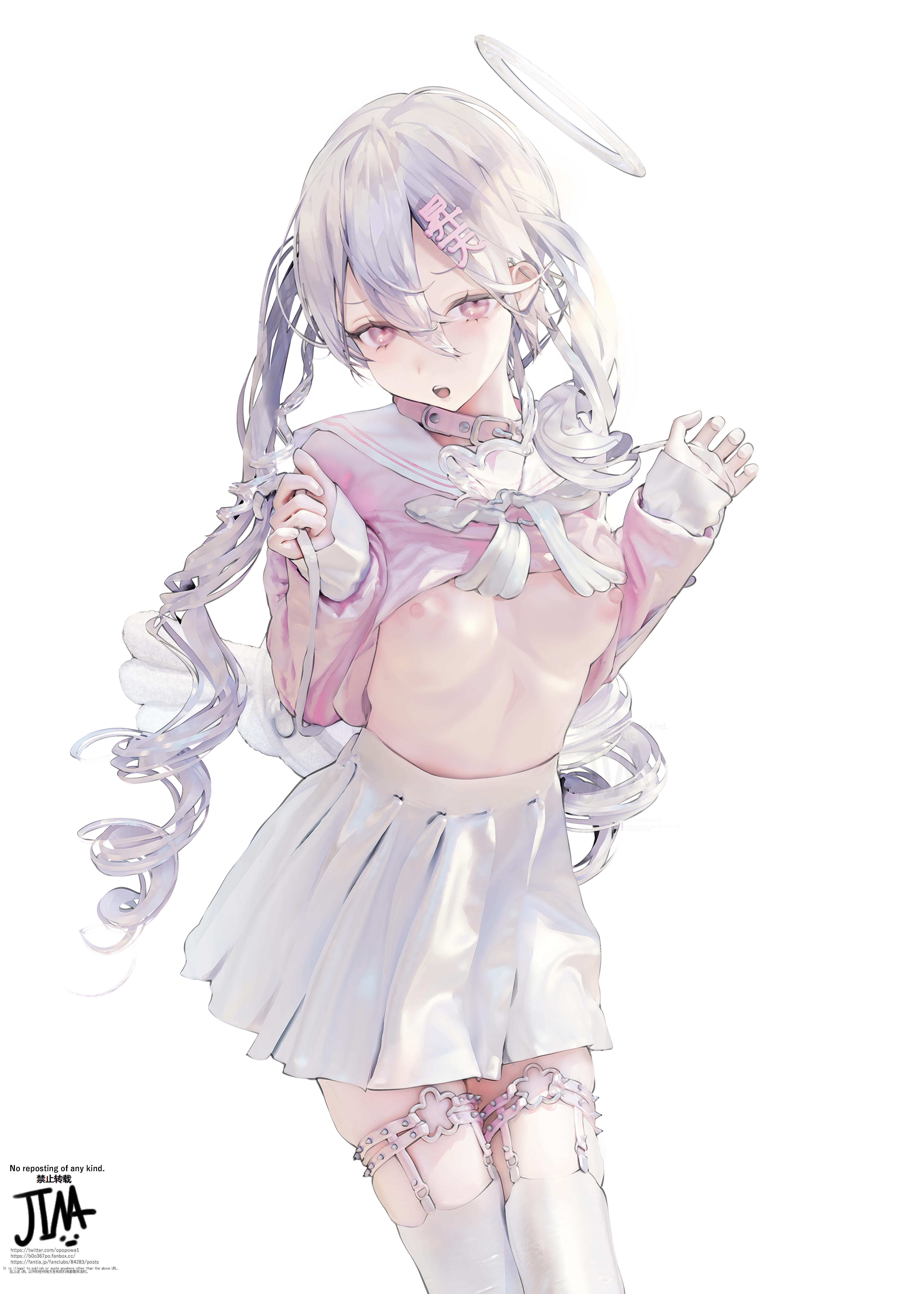 angel, breasts, clothing, female, female only, garter, halo, high resolution, iijima masashi, large filesize, long hair, looking at viewer, nipples, no bra, original, paid reward, purple eyes, school uniform, shirt, shirt lift, silver hair, simple background, skirt, solo, stockings, thighhighs, tied hair, twintails, uniform, very high resolution, very long hair, white hair, wings