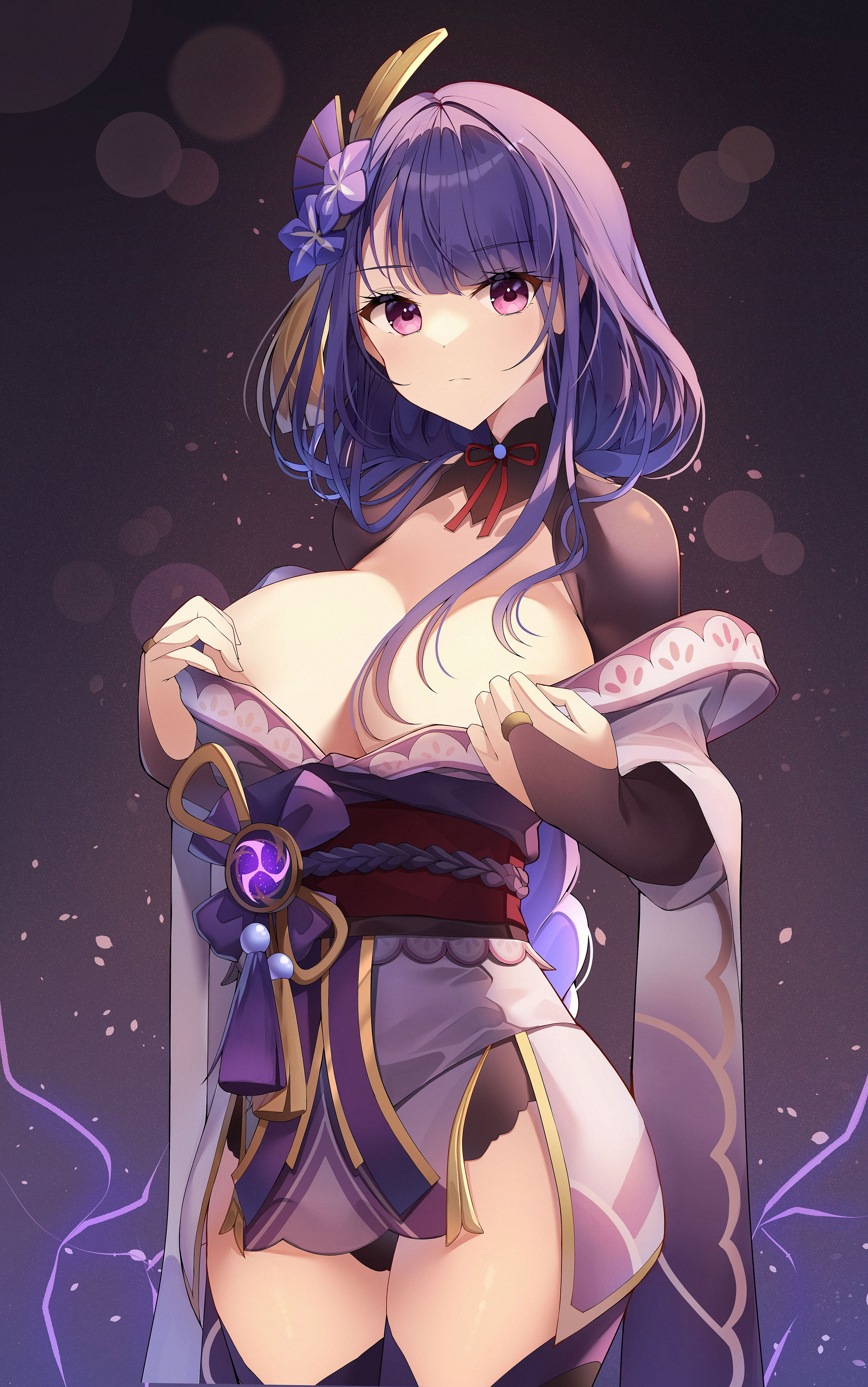 1girls, absurdres, bangs, black panties, bow, braid, braided hair, breasts, cleavage, detailed background, female, genshin impact, hair ornament, highres, hips, huge breasts, large breasts, long hair, looking at viewer, purple eyes, purple hair, raiden shogun, slim waist, small waist, sob (submar1089), solo, standing, taking clothes off, thick, thick thighs, thighhighs, thighs, vision (genshin impact), waist, wide hips