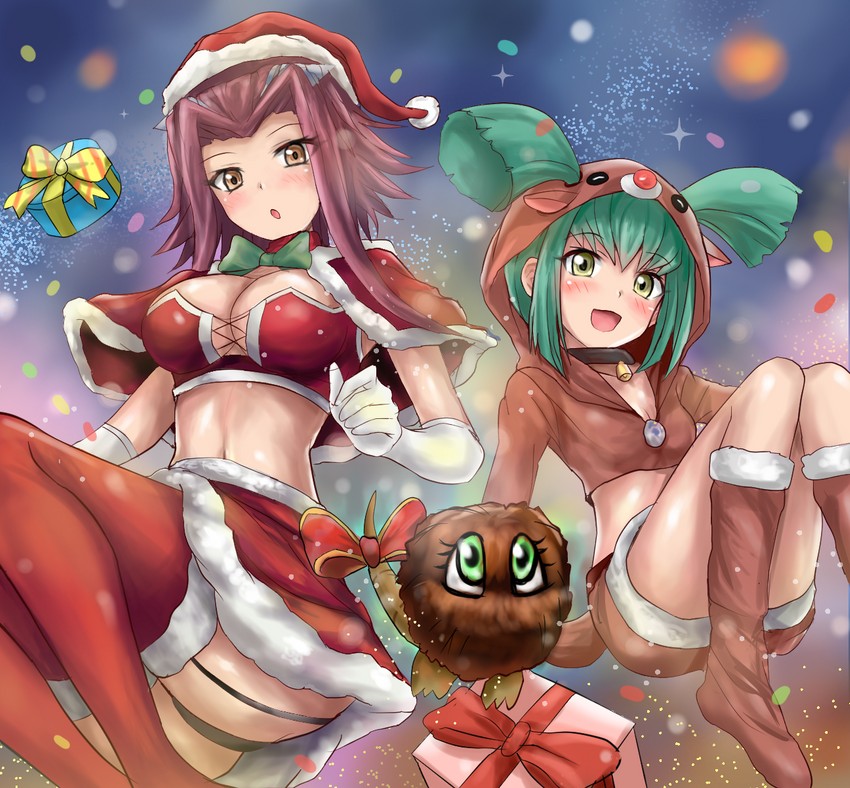 2girls akiza_izinski black_garter_straps black_panties blush brown_boots brown_eyes brown_tail christmas female female_only garter_straps green_hair happy huge_breasts izayoi_aki long_sleeves looking_at_viewer luna_(yu-gi-oh!) miniskirt multiple_girls open_mouth panties r-binon red_bikini red_eyes red_skirt red_stockings santa_bikini santa_costume santa_hat short_hair skirt sleeves_past_elbows small_breasts smile smiling smiling_at_viewer uncensored underwear white_sleeves yellow_eyes yu-gi-oh! yu-gi-oh!_5d's