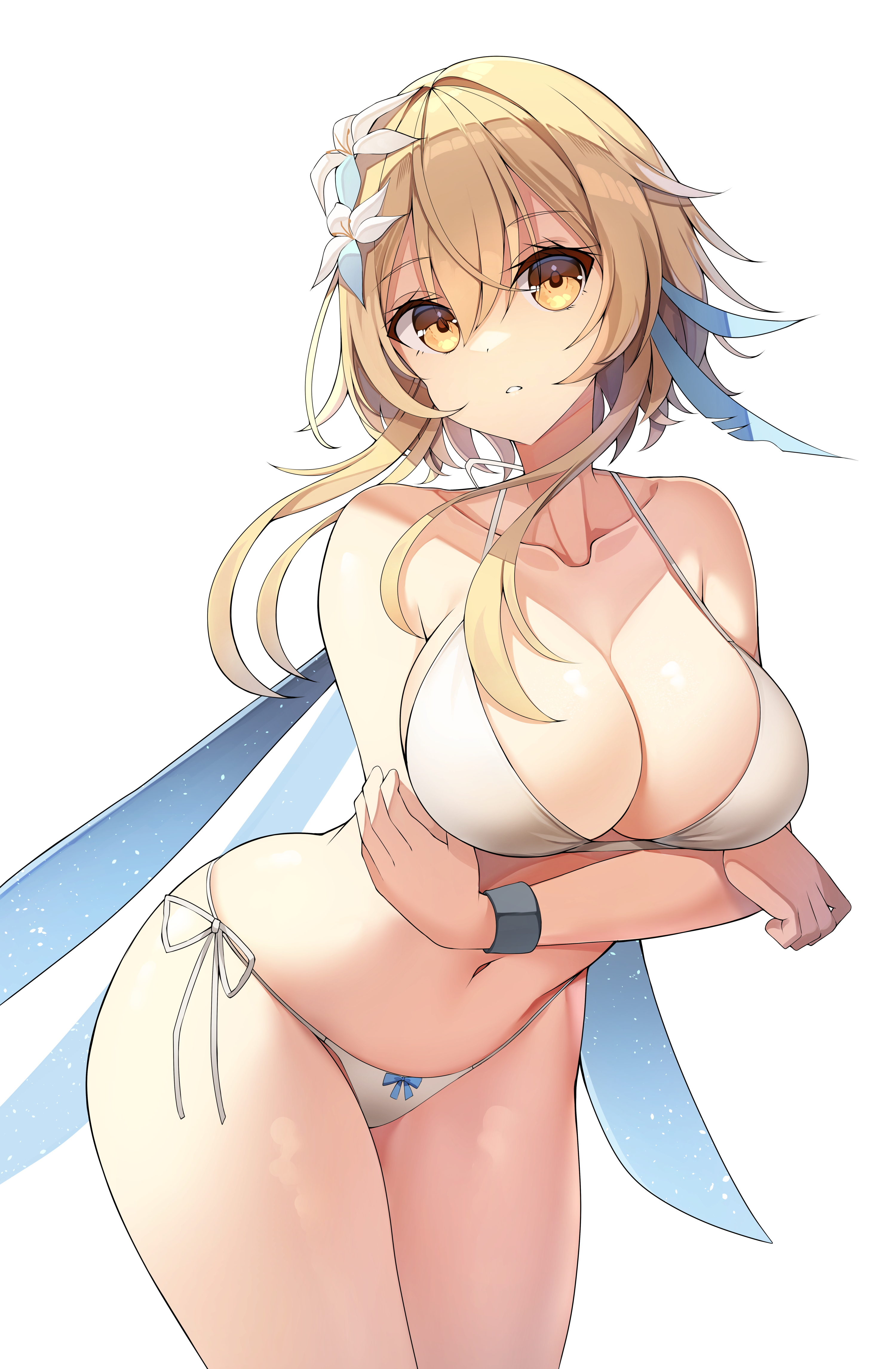1girls, absurd res, arched back, arm under breasts, arms under breasts, bangs, bare shoulders, belly button, big breasts, bikini, bikini bottom, bikini top, blonde, blonde hair, breasts, cleavage, collarbone, female, flower, flower in hair, genshin impact, hair between eyes, hi res, highres, huge breasts, large breasts, leaning forward, looking at viewer, lumine (genshin impact), midriff, plain background, shiny skin, short hair, shoulders, simple background, sob (submar1089), solo, thick, thick thighs, thighs, thong bikini, white background, white bikini, white bikini bottom, white bikini top, yellow eyes