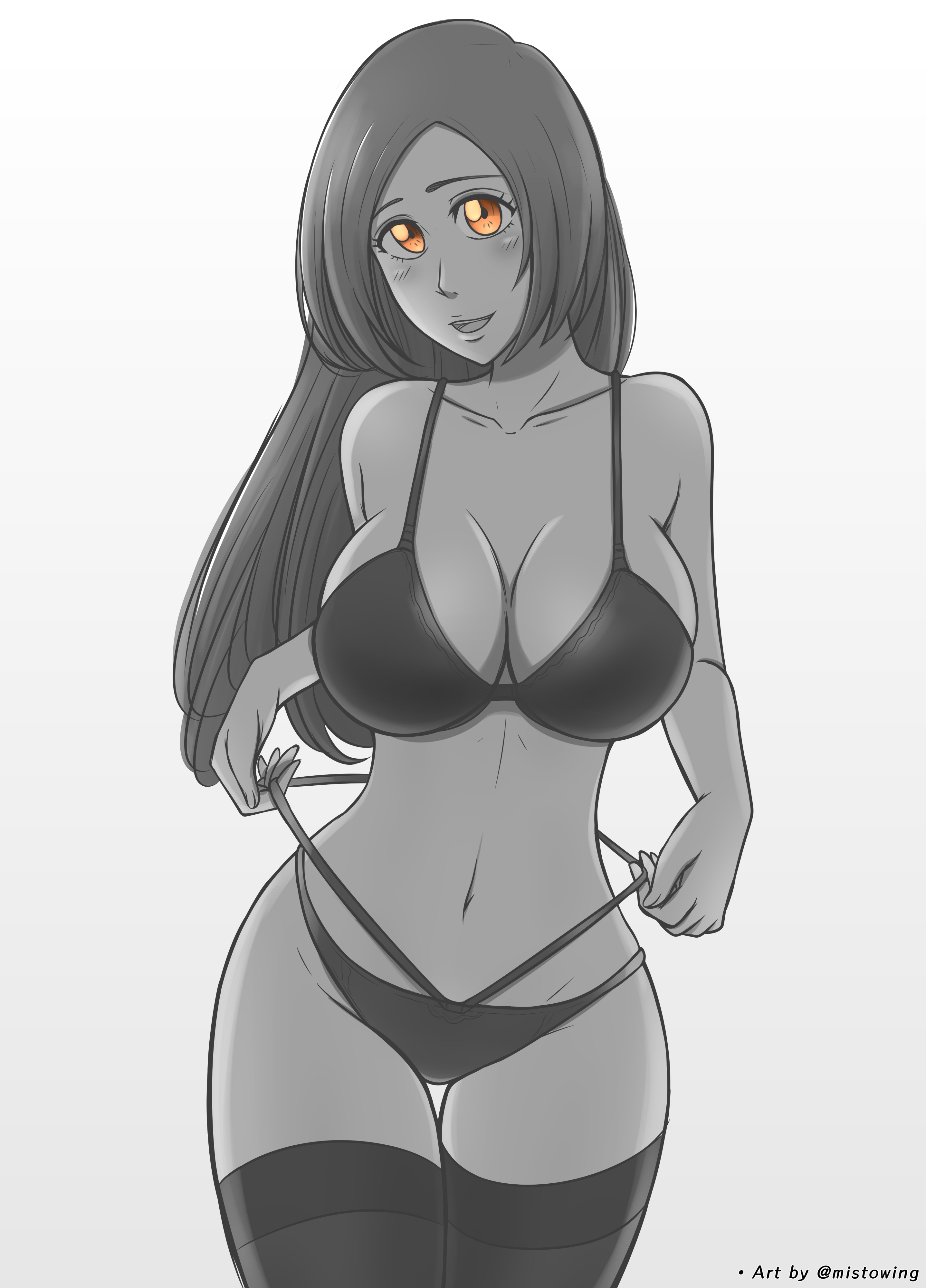 1girls, big breasts, bleach, bra, breasts, brown eyes, cleavage, curvy, curvy figure, female, female only, greyscale, inoue orihime, large breasts, lingerie, long hair, looking at viewer, mistowing, panties, panty straps, partially clothed, smile, solo, stockings, thighhighs, thong