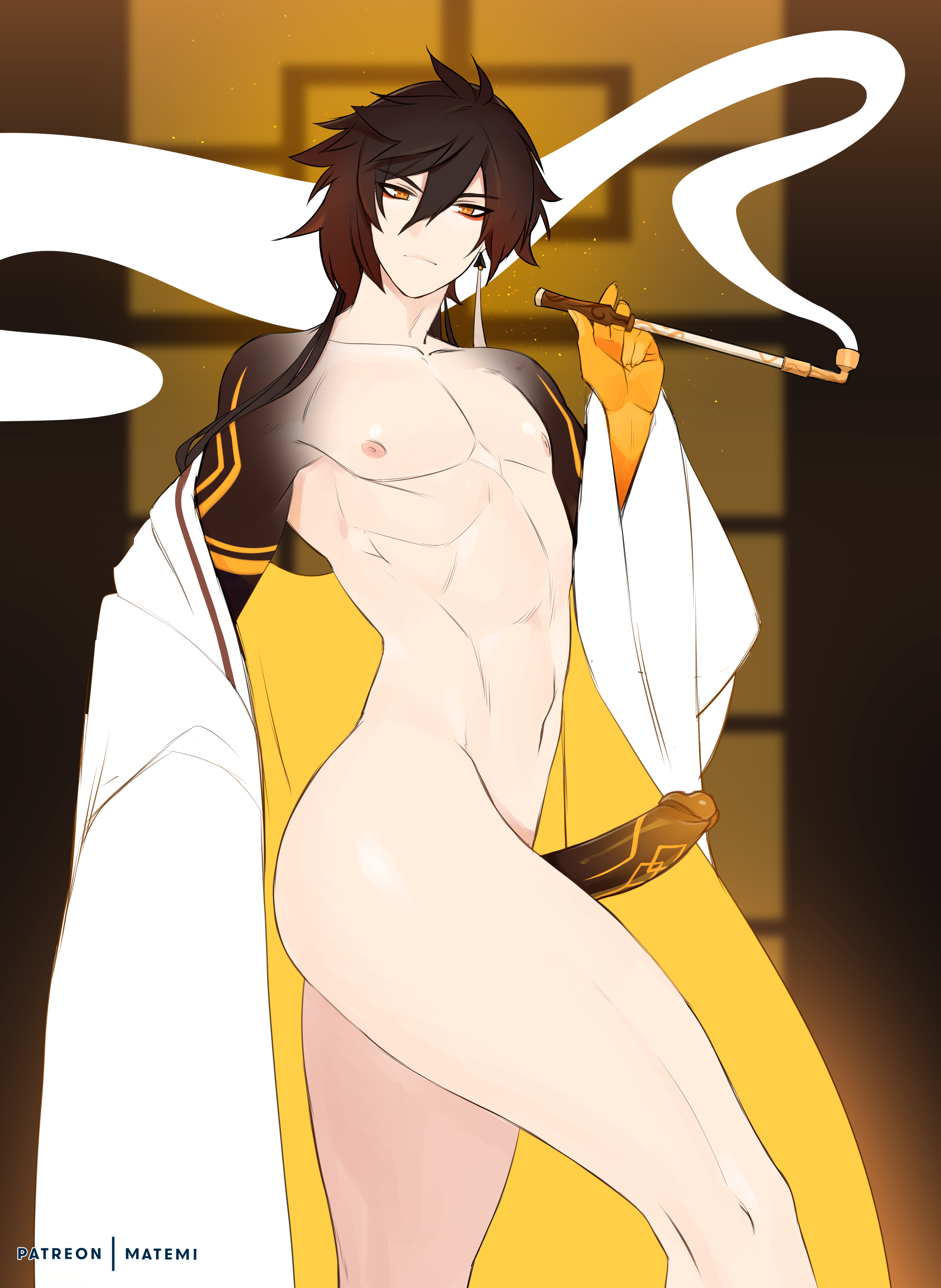 1boy, absurd res, big penis, brown hair, cute male, earrings, erection, genshin impact, kiseru, looking at viewer, male, male focus, male only, matemi, nipples, penis, pipe, tattoo, zhongli (genshin impact)