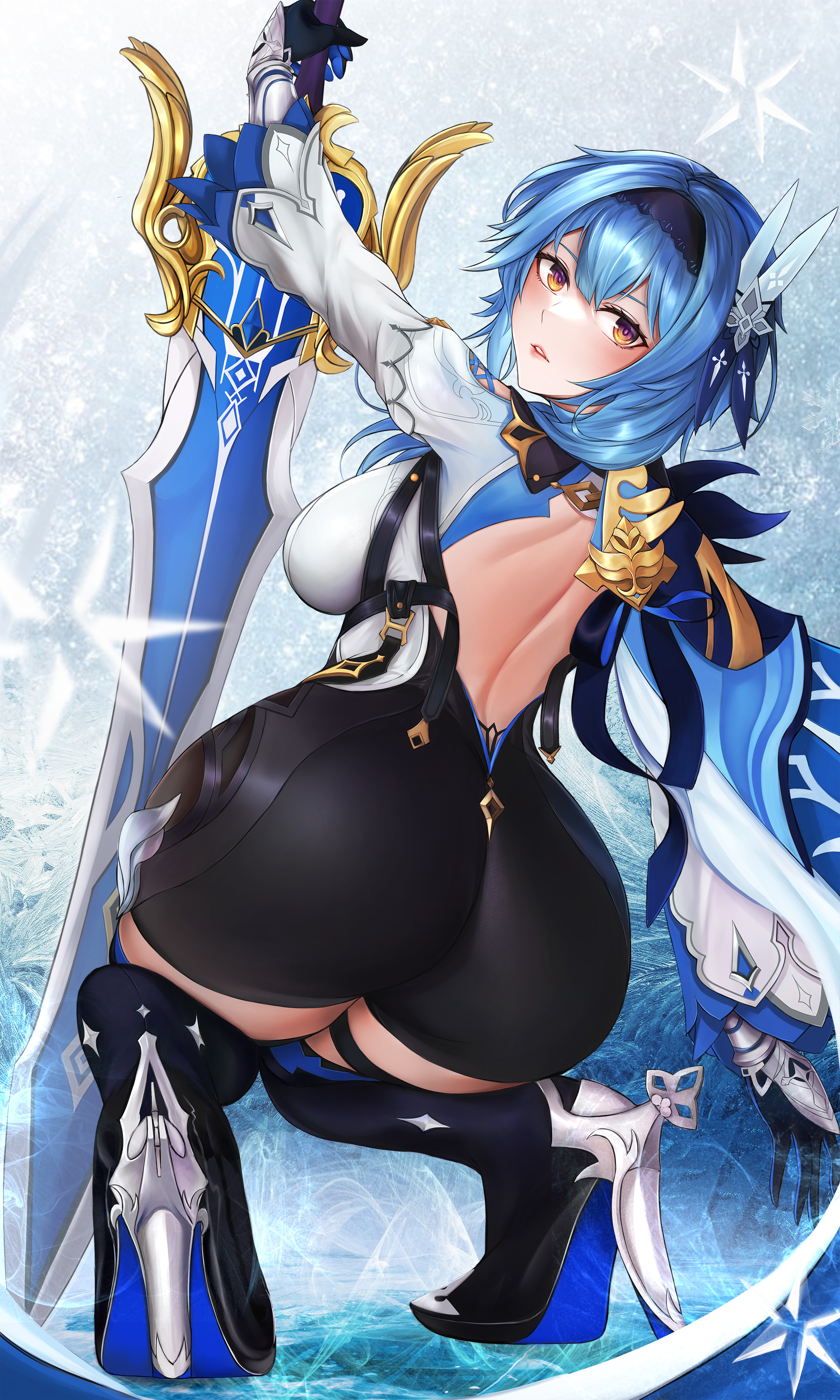 apple butt, ass, ass focus, backless outfit, blue hair, breasts, bubble ass, bubble butt, eula (genshin impact), female, from behind, genshin impact, hi res, high heels, huge ass, large breasts, leotard, squatting, sword, thighhighs, wide hips