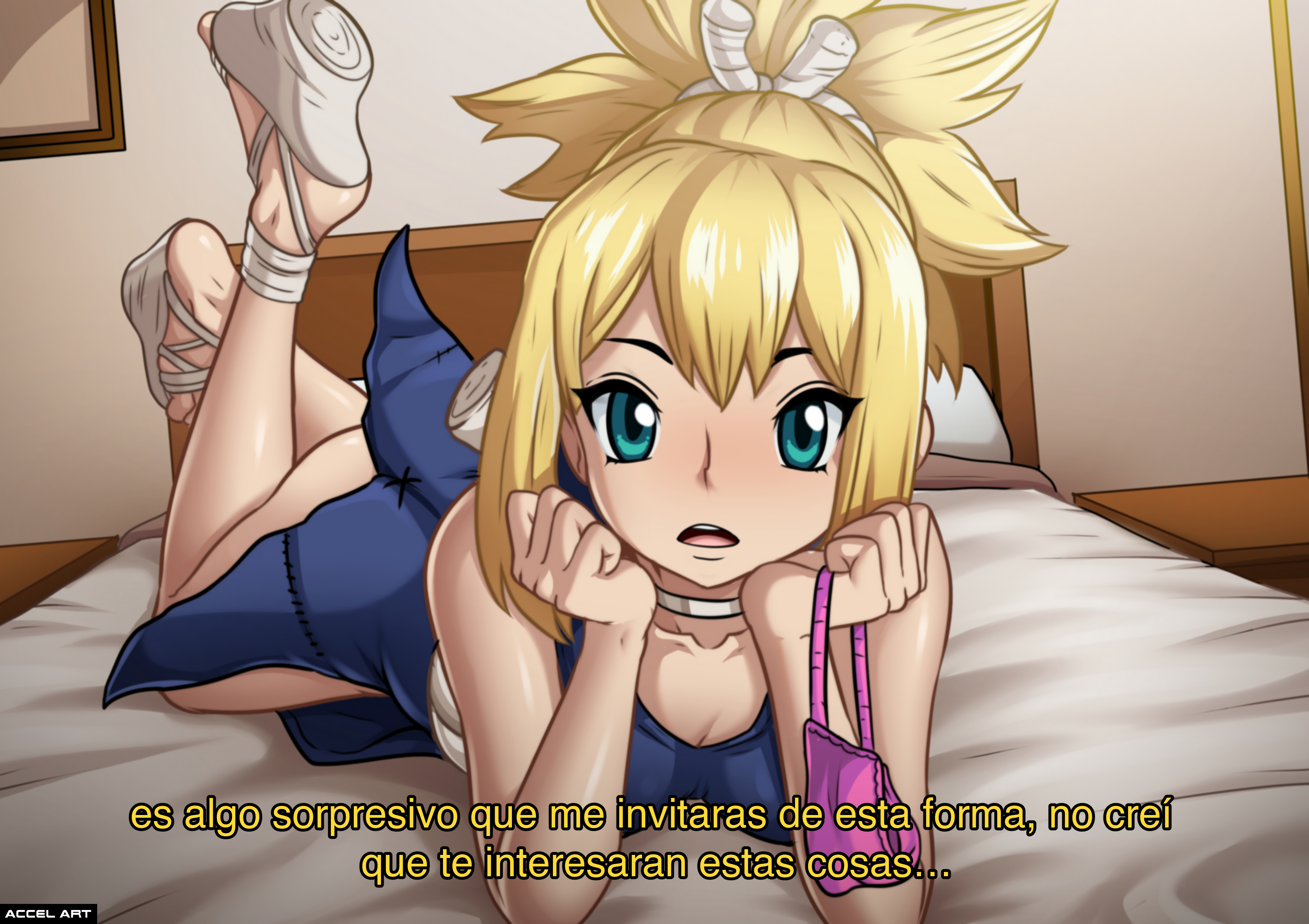 1girls, accelart, big breasts, blonde hair, breasts, dr.stone, female, imminent sex, kohaku (dr.stone), laying down, laying on bed, short hair, spanish text, text