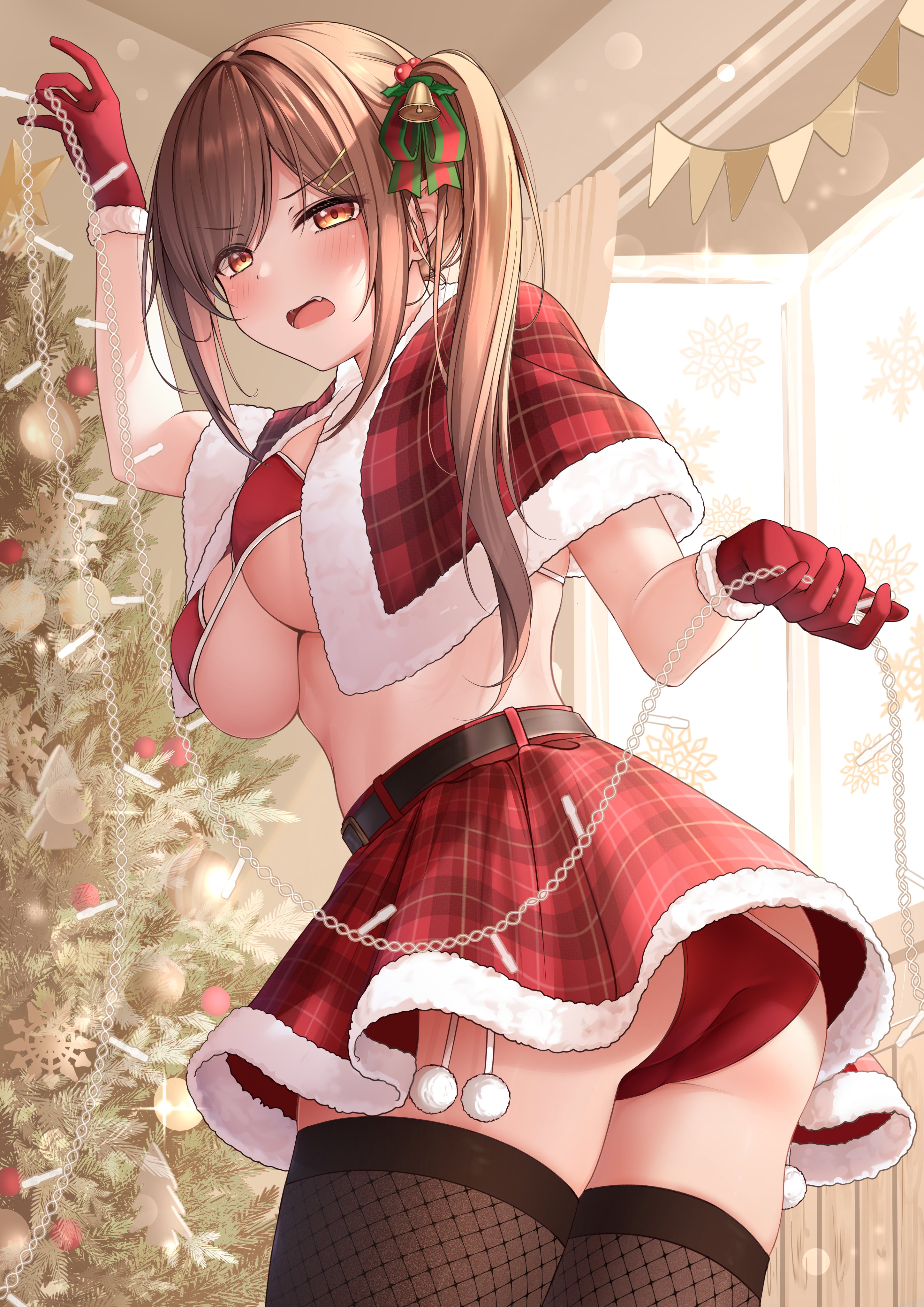 1girls, absurdres, amber eyes, ass, bangs, black legwear, blush, breasts, brown eyes, brown hair, christmas, christmas outfit, christmas tree, commentary request, cowboy shot, duplicate, eyebrows visible through hair, female, gloves, hair ornament, hairclip, highres, imouto-chan (monaka curl), indoors, large breasts, light skin, light-skinned female, long hair, looking at viewer, monaka curl, open mouth, original, panties, red gloves, red panties, red skirt, santa costume, side ponytail, skirt, solo, solo female, thighhighs, thighs, underboob, underwear