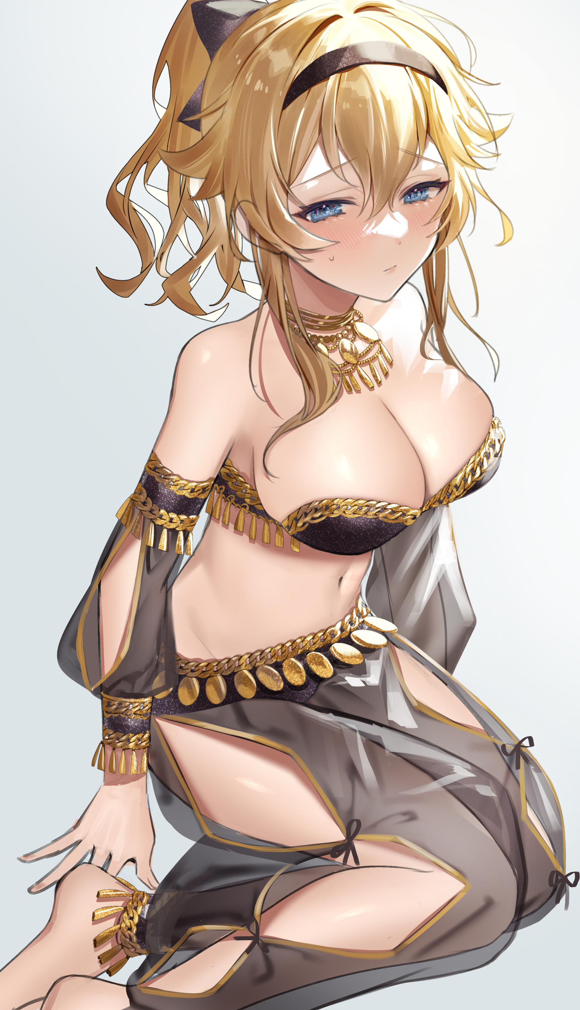 1girls, belly dancer, belly dancer outfit, blonde hair, breasts, cleavage, dancer, dancer outfit, dega1028, detached sleeves, female, female only, femsub, genshin impact, harem girl, harem outfit, harem pants, headband, jean gunnhildr, kneeling, large breasts, necklace, submissive female, voluptuous