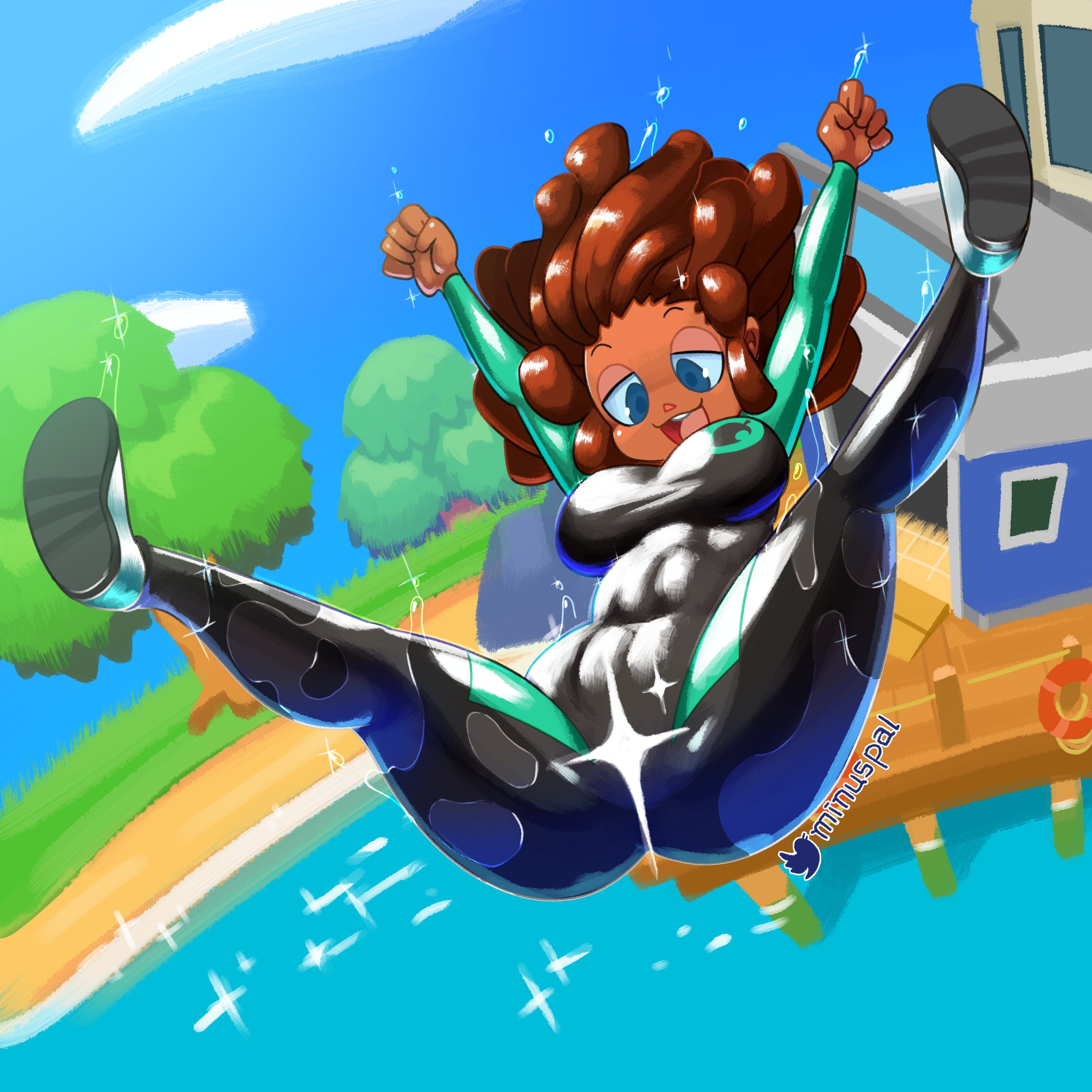 1girls, 2020s, 2021, 5 fingers, animal crossing, animal crossing girl, arms up, black clothing, blue eyes, bodysuit, braids, breasts, brown hair, clothing, convenient censoring, convenient censorship, dark skin, dark-skinned female, female, female focus, female only, green clothing, happy, in the air, jpeg, jumping, minus8, nintendo, only player, open mouth, shiny clothes, shoes, signature, skin tight, smile, solo, spread legs, teeth, thick thighs, thighs, tight clothing, villager (animal crossing), water, wet, wetsuit