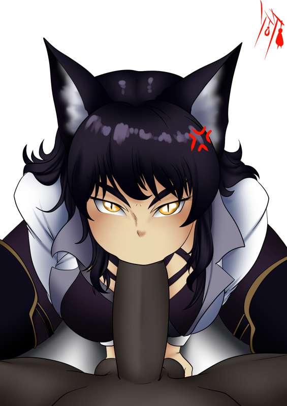 1boy, 1girls, angry, balls, big penis, black hair, blake belladonna, blake belladonna (mistral), cat ears, eye contact, fellatio, female, hands-free, male, mistral outfit, oral, oral sex, penis, pov, rwby, suicidetoto, testicles