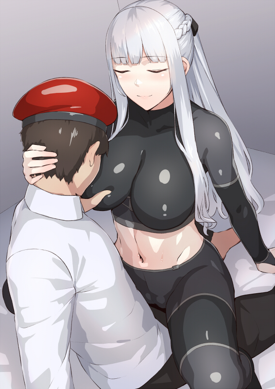 1boy ak-12_(girls'_frontline) bangs black_pants black_shirt blush braid breast_grab breasts closed_eyes crop_top female french_braid girls'_frontline grabbing kageshio_(276006) long_hair long_sleeves midriff navel pants seiza shiny shiny_clothes shirt short_hair silver_hair sitting smile thighs