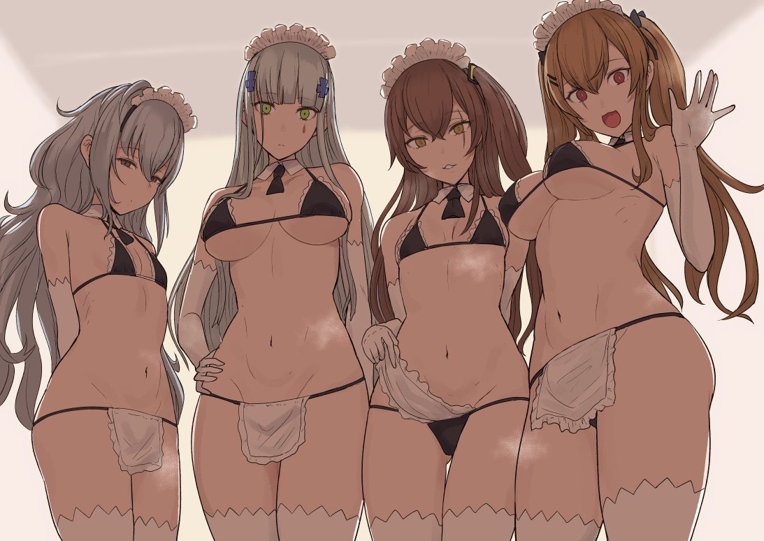 4girls apron apron_lift arms_behind_back bangs bikini black_bikini blunt_bangs blush breasts brown_eyes brown_hair collarbone detached_collar elbow_gloves eyebrows_visible_through_hair facial_mark g11_(girls'_frontline) girls'_frontline gloves green_eyes groin hair_between_eyes hair_ornament hairclip hand_on_hip head_tilt hk416_(girls'_frontline) large_breasts long_hair looking_at_viewer maid_bikini maid_headdress medium_breasts miyamoto_issa multiple_girls navel one_side_up open_mouth red_eyes ribbon ribs scar scar_across_eye scar_on_face silver_hair small_breasts smile stomach swimsuit take_your_pick teardrop thighhighs twintails ump45_(girls'_frontline) ump9_(girls'_frontline) very_long_hair white_gloves white_legwear yellow_eyes