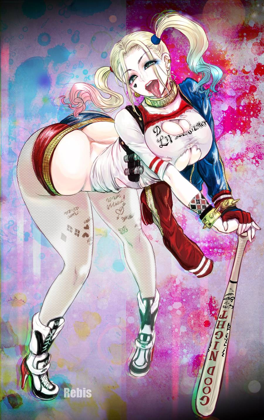 1girls, ass, ass cleavage, ass crack, baseball bat, batman (series), big ass, big breasts, boots, breasts, butt crack, cleavage, dc, dc comics, female, female only, fishnet legwear, harley quinn, high heel boots, huge ass, looking at viewer, open mouth, rebis, solo, spikes, suicide squad, thick thighs, thighs, tongue, tongue out