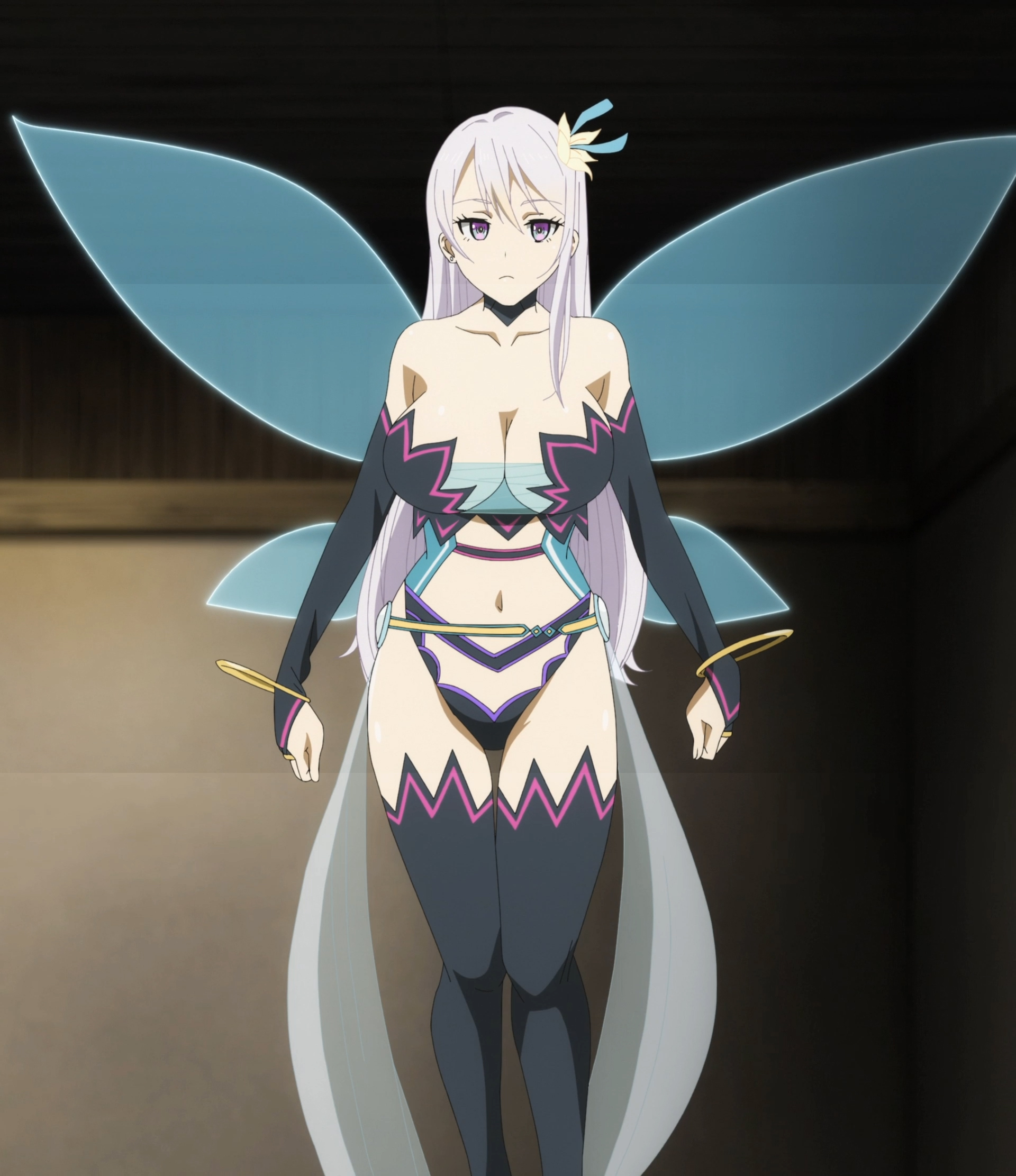 1girls, bra, breasts, fairy, female, fully clothed, kisaragi reona, kyuukyoku shinka shita full dive rpg ga genjitsu yori mo kusoge dattara, large breasts, looking at viewer, panties, purple eyes, thick thighs, white hair, wings