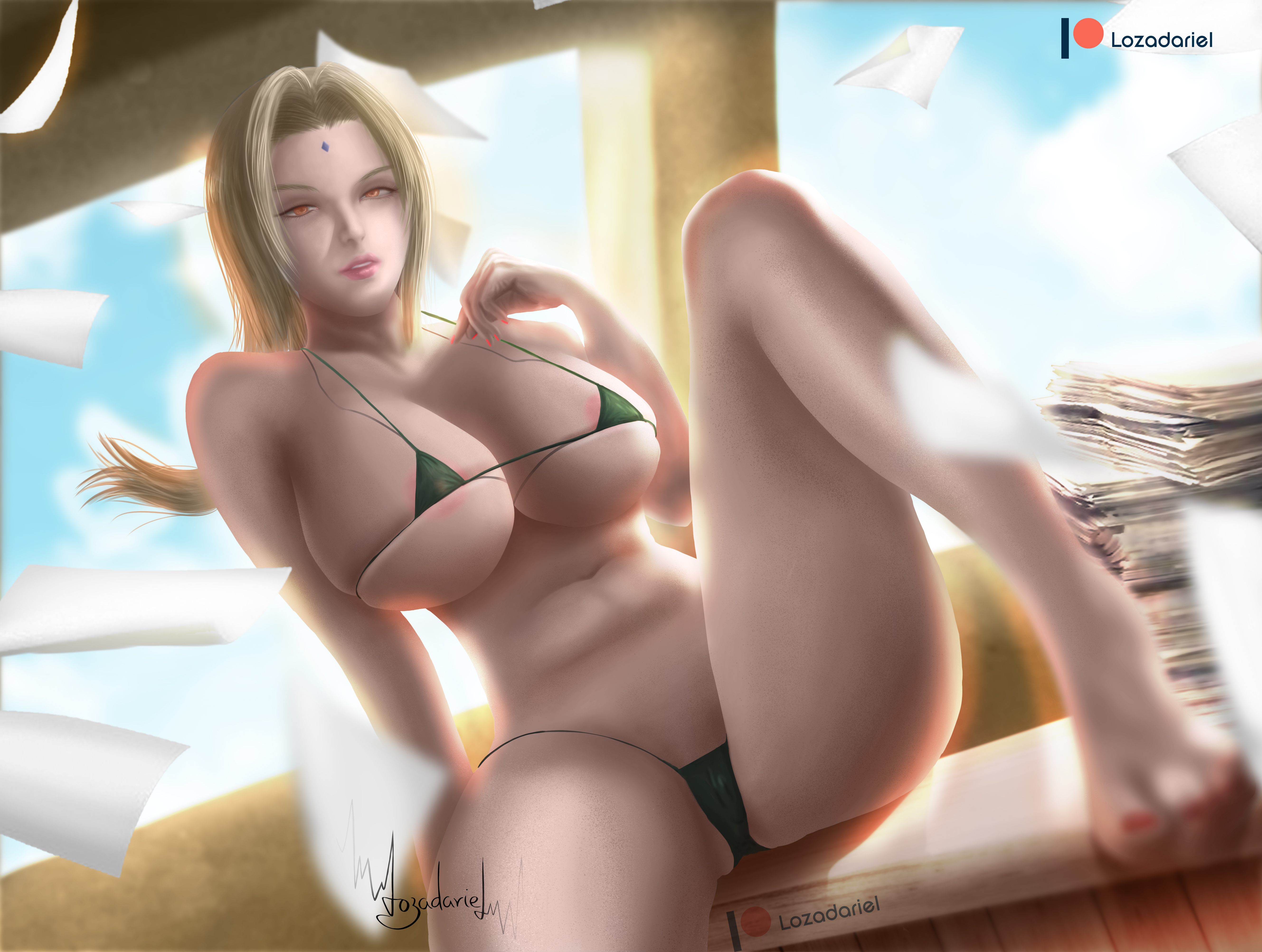1girls, areola, areola slip, artist signature, bare legs, bare shoulders, barefoot, big breasts, bikini, blonde hair, breasts, breasts apart, breasts bigger than head, brown eyes, busty, cameltoe, feet, female, female only, gilf, green bikini, hokage, hokage office, huge breasts, impossible clothes, impossible fit, indoors, lozadariel, mature, mature female, micro bikini, midriff, mostly nude, nail polish, naruto, naruto (series), naruto shippuden, no shoes, office, on desk, on table, paper, patreon username, pussy, revealing swimsuit, sitting, skimpy, skimpy bikini, small bikini, solo, swimsuit, tied hair, tight bikini, tight swimsuit, toenail polish, toes, tsunade, twintails, url, voluptuous, watermark, web address, wind, window