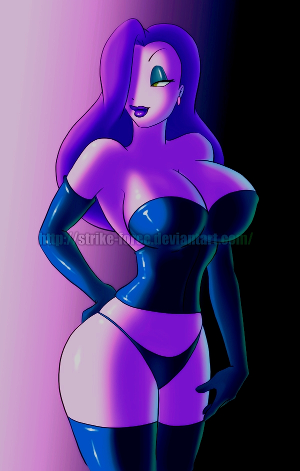 1girls, bedroom eyes, black lingerie, breasts, bustier, cleavage, deep cleavage, disney, earrings, elbow gloves, eyeshadow, female, female only, full cleavage, g-string, hair over one eye, jessica rabbit, large breasts, lingerie, lipstick, long hair, looking away, red hair, redhead, seductive, solo, strike-force, thick thighs, thighhighs, who framed roger rabbit