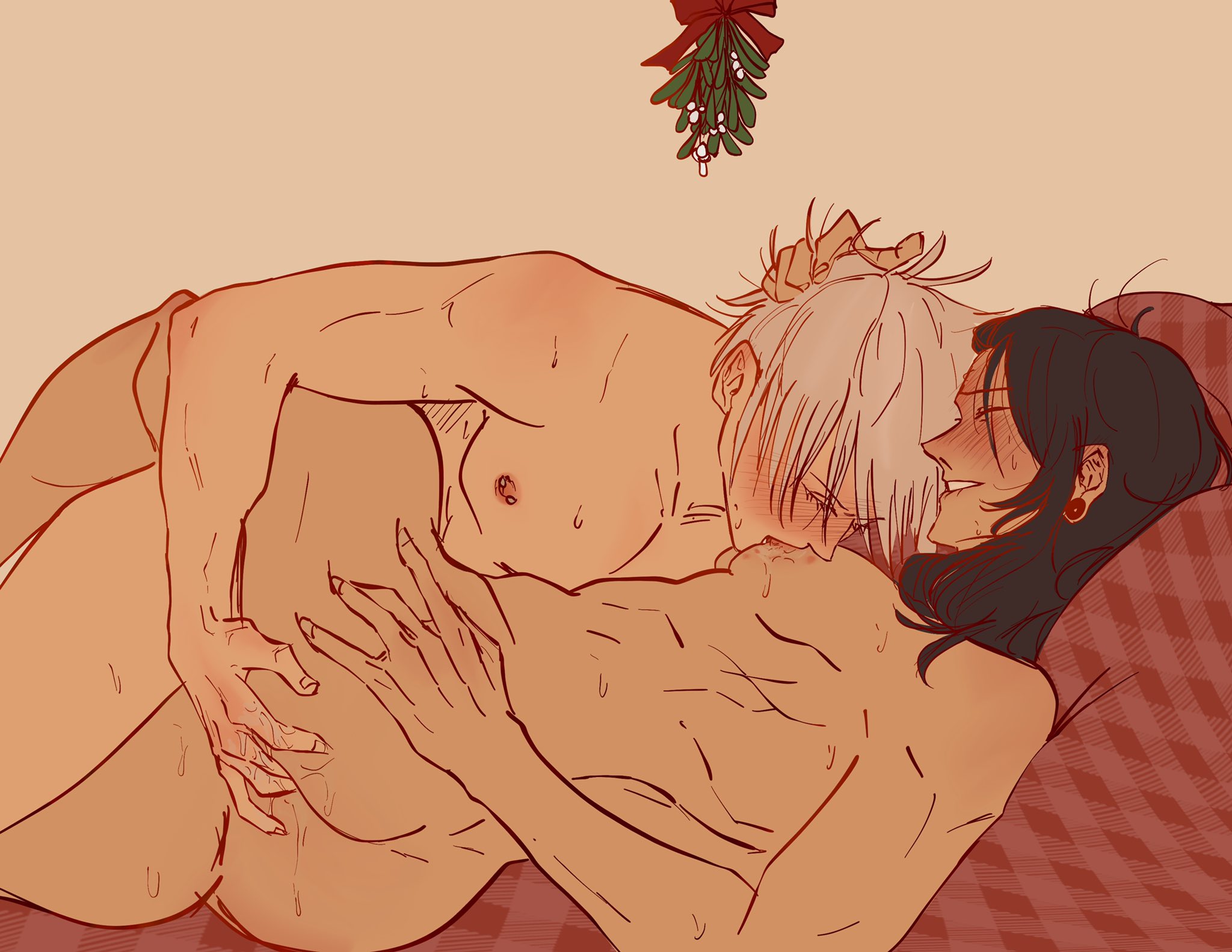 2boys, anal fingering, ass, ass grab, black hair, completely nude, cry ptidd, fingering, fingering ass, fingering partner, fingers in ass, gay, hand on ass, hand on head, head grab, jujutsu kaisen, lying on side, male, male focus, male only, male/male, mistletoe, naked, nipple suck, nude, nude male, on side, satoru gojo, sucking nipples, suguru geto, white hair, yaoi