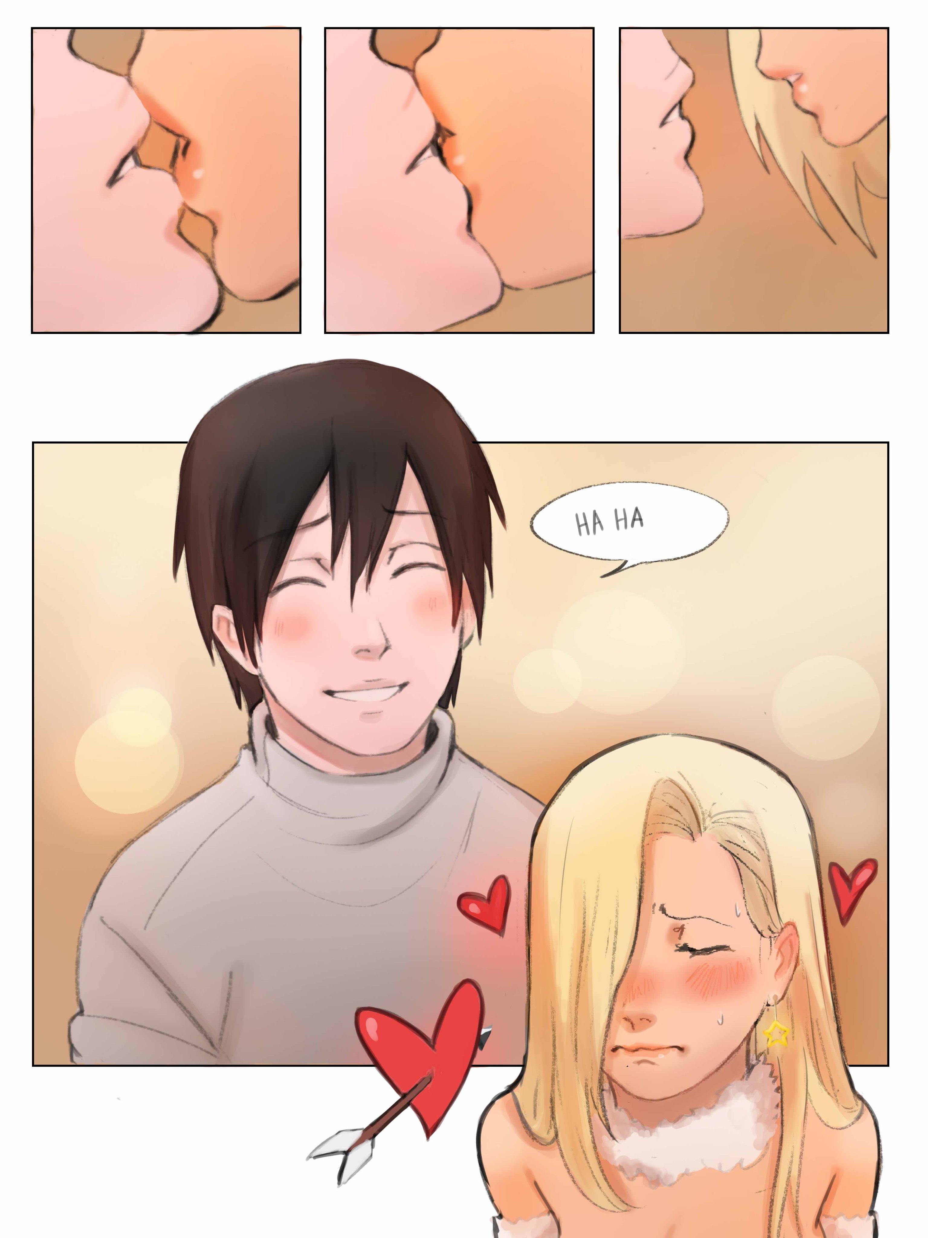 1boy, 1girls, alternate breast size, armwear, bed, bedroom, belt, big breasts, black eyes, black hair, black legwear, blonde hair, blush, breasts, busty, canon couple, choker, christmas, cleavage, close-up, closed eyes, clothed, clothing, collar, comic, couple, dialogue, ear piercing, earrings, english text, female, fully clothed, hair over one eye, holidays, huge breasts, husband and wife, indoors, ino yamanaka, jewelry, kissing, large breasts, legwear, light skin, light-skinned female, light-skinned male, lingerie, lips, lipstick, long hair, makeup, male, male/female, monday mint, nail polish, naruto, naruto (series), naruto shippuden, naruto: the last, nervous, on bed, painted nails, pale skin, pale-skinned male, pink lips, pink lipstick, red nail polish, red nails, revealing clothes, romantic, romantic ambiance, romantic couple, sai, santa costume, shounen jump, sitting, smile, smiling, speech bubble, stockings, story, straight, sweat, sweatdrop, text, thighhighs, voluptuous, wholesome, yellow hair