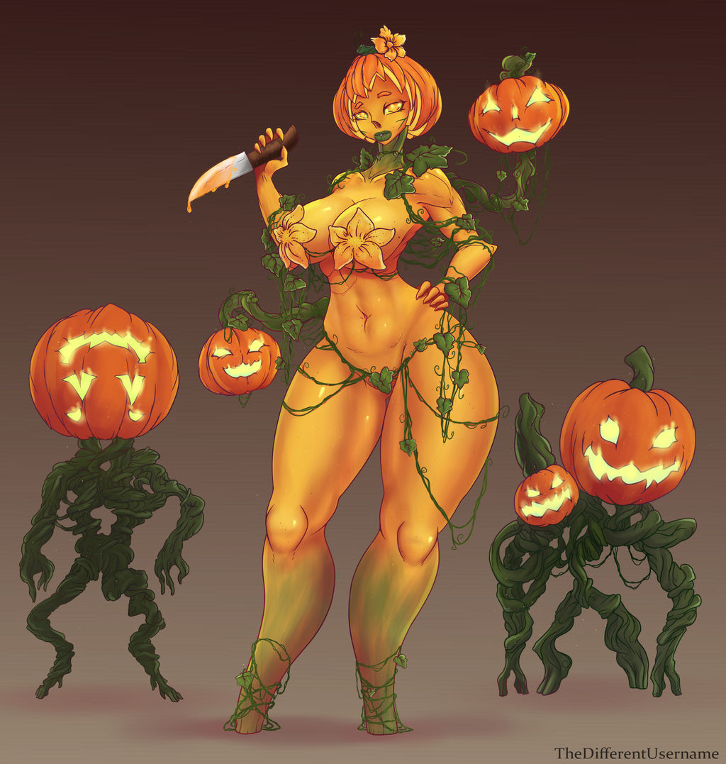 female full_body halloween jack-o'-lantern jack-o'-morph knife large_ass large_breasts navel plant_girl pumpkin pumpkin_girl pumpkin_head thedifferentusername thick_thighs wide_hips