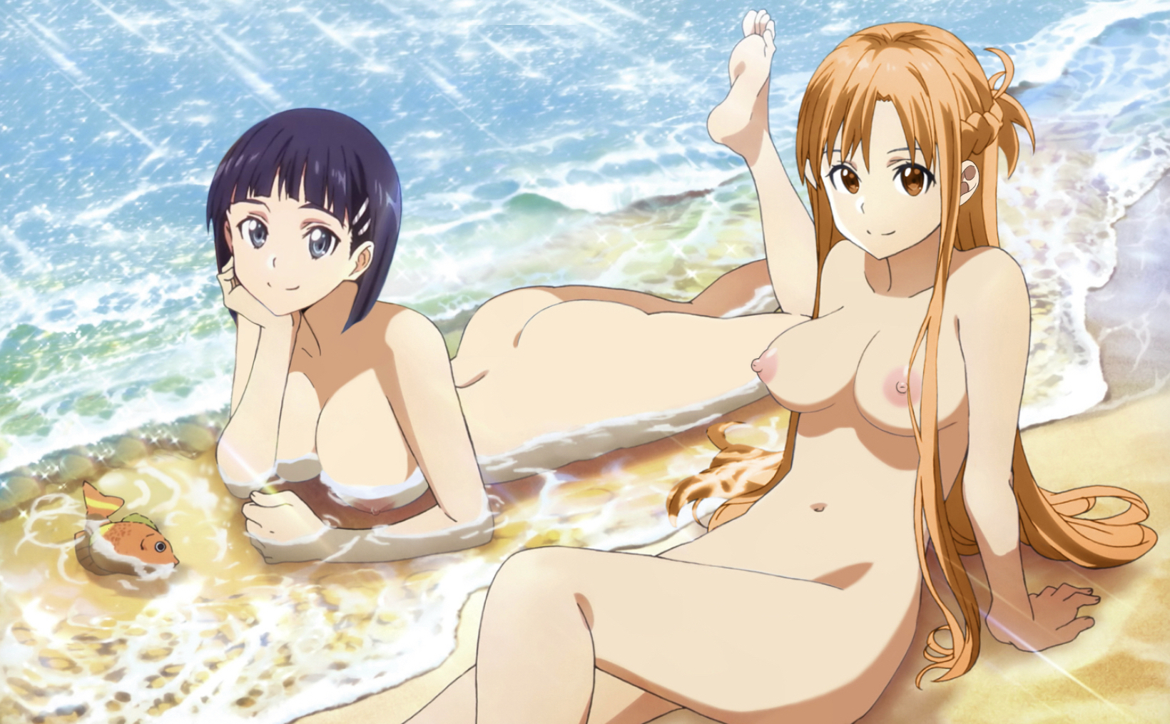 2girls, ass, beach, black hair, blue eyes, breasts, brown eyes, brown hair, completely nude, convenient censoring, day, edit, female, grey eyes, in water, kirigaya suguha, large breasts, long hair, looking at viewer, lying, lying on stomach, medium breasts, navel, nipples, nude, outdoors, outside, sand, sitting, smile, sword art online, water, yuuki asuna