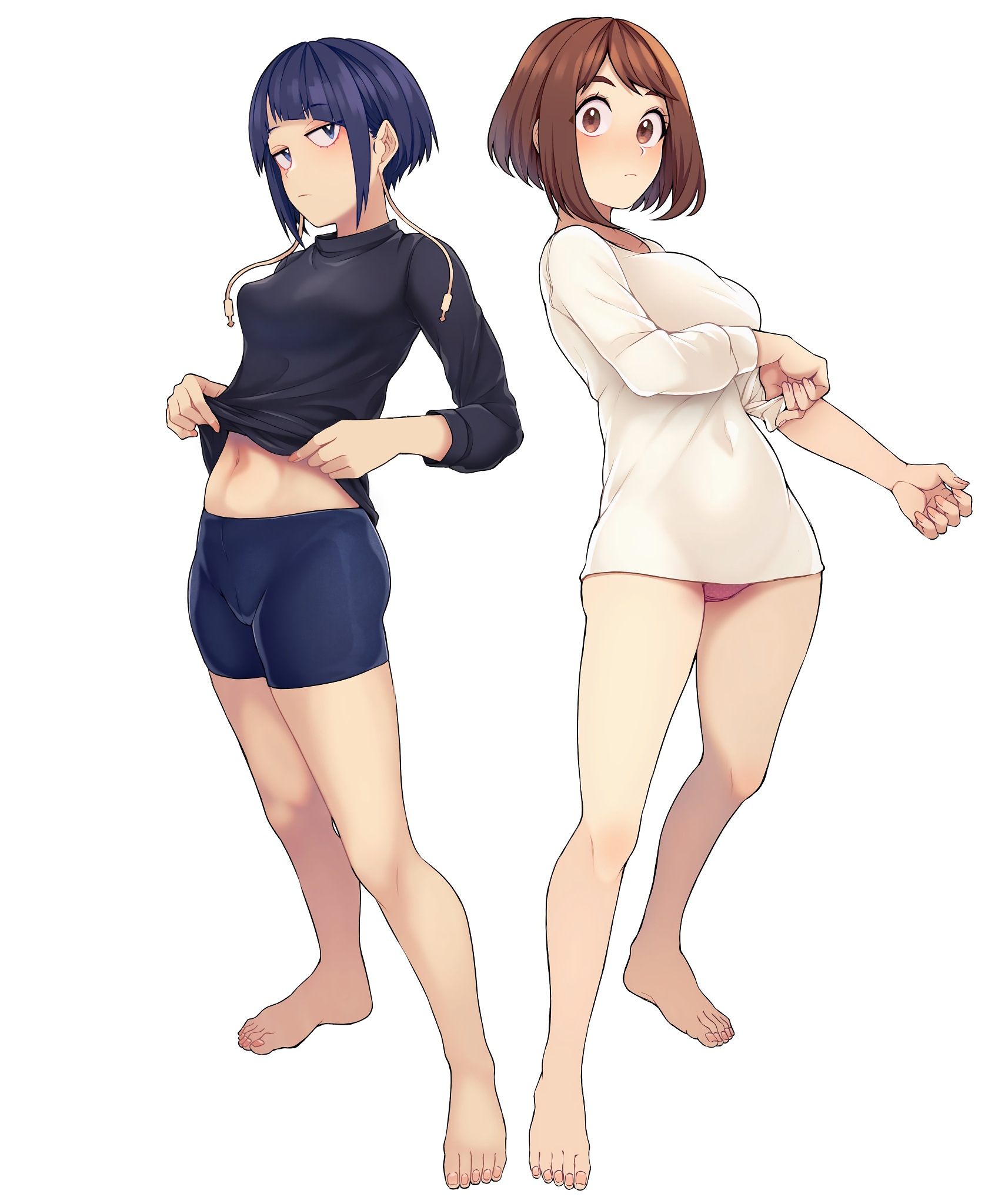 2girls, athletic, athletic wear, bottomless, brown hair, brown-haired female, feet, female, kyoka jiro, lifted shirt, lifting shirt, my hero academia, navel, ochako uraraka, partially clothed, partially undressed, pink panties, purple hair, purple-haired female, rolled up sleeves, teenage female, teenager, white shirt, white skin, xiao lin gt, young