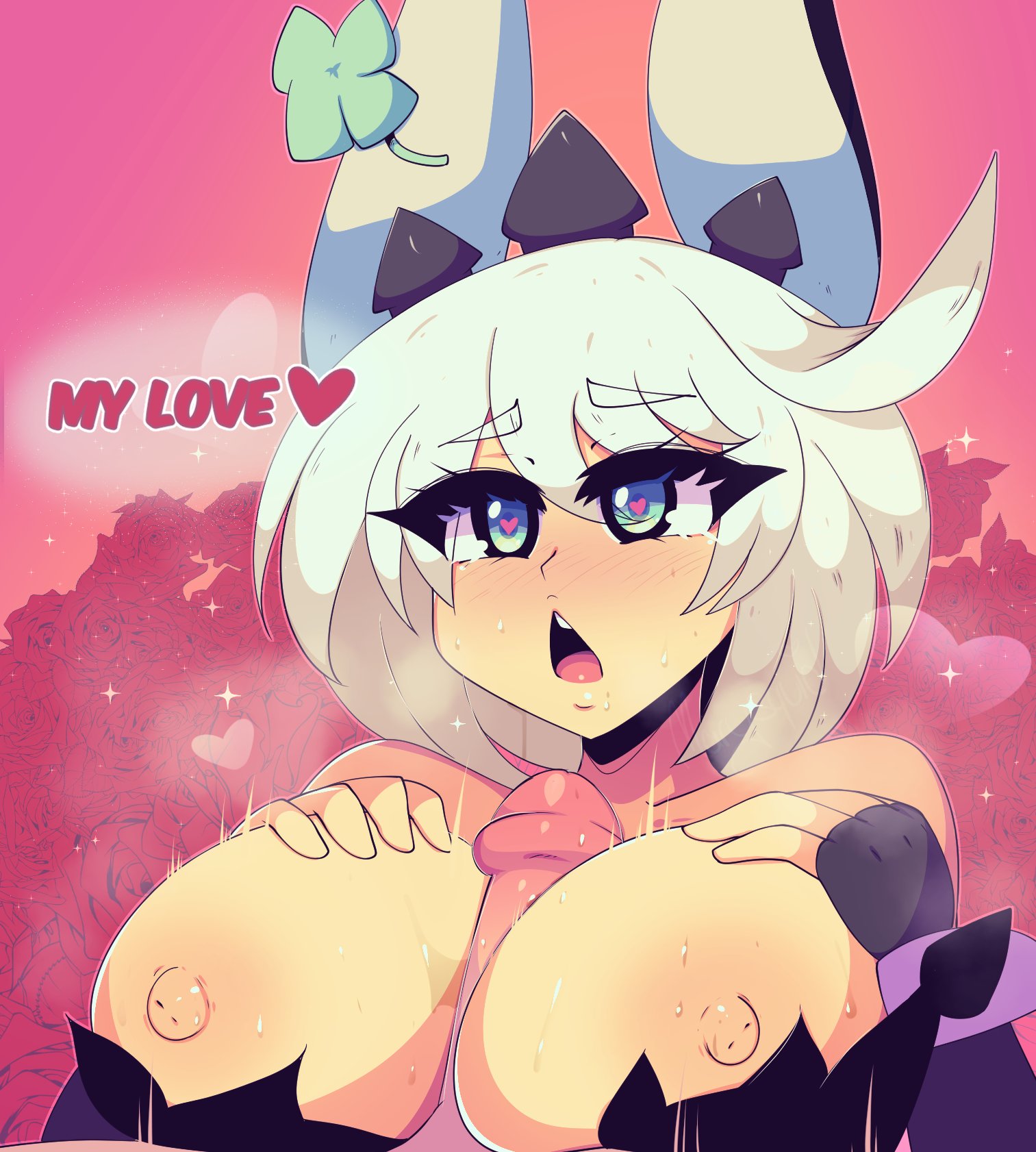1boy, 1girls, big breasts, blush, breasts, elphelt valentine, female, guilty gear, guilty gear strive, guilty gear xrd, heart-shaped pupils, large breasts, male, marysquid, paizuri, penis, symbol-shaped pupils, titjob