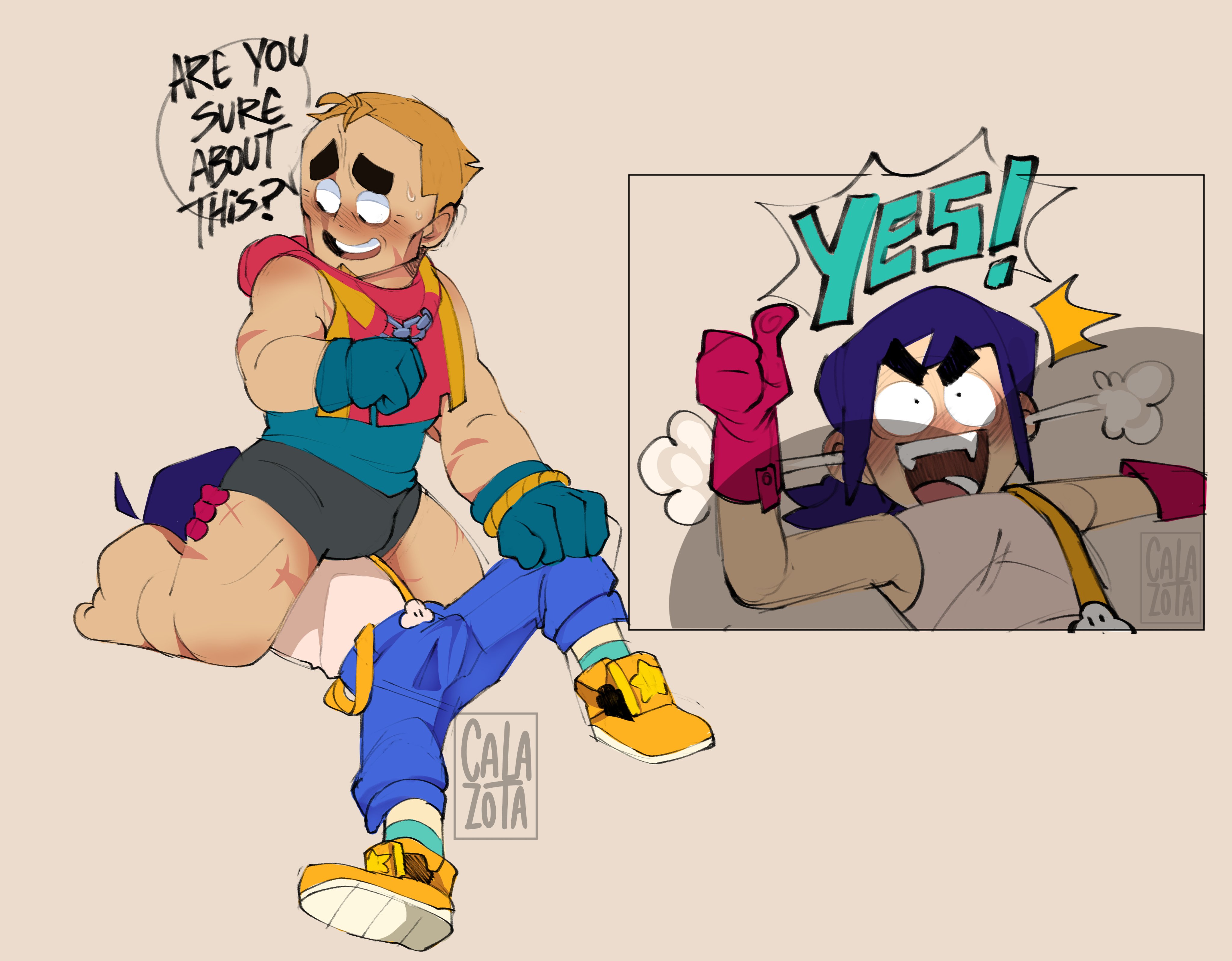 2boys, blonde hair, blue hair, blushing, brawl stars, bulge, bulge through clothing, calaziike, calazotauvu, facesitting, fang (brawl stars), gay, gay male, gloves, grom (brawl stars), hands on thighs, male, male only, male/male, scar, shadow, short shorts, thick thighs, yaoi