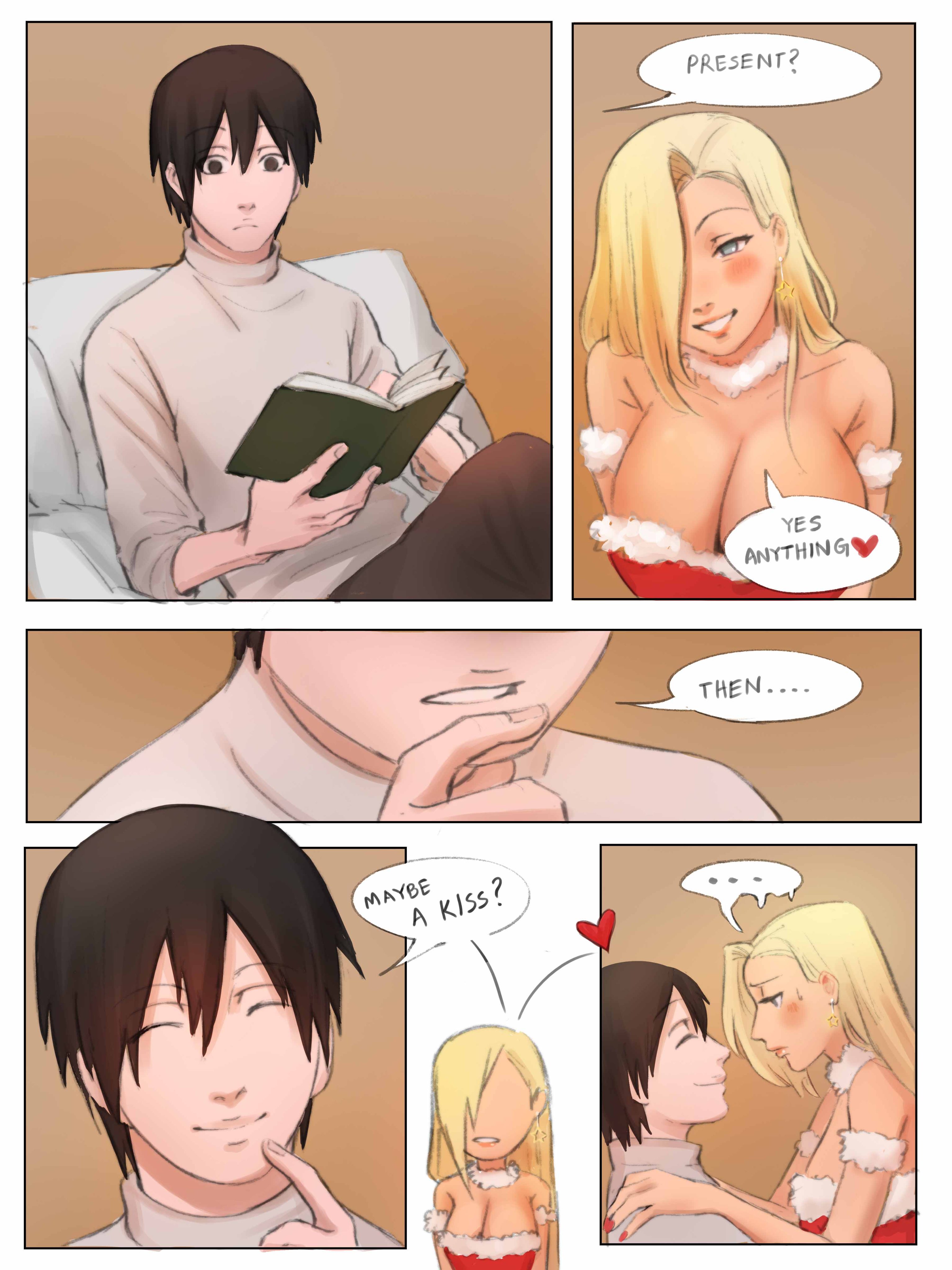 1boy, 1girls, alternate breast size, bed, bedroom, bedroom eyes, belt, big breasts, black eyes, black hair, black legwear, blonde hair, blush, breasts, busty, canon couple, choker, christmas, cleavage, close-up, clothed, clothing, collar, comic, couple, cowgirl position, dialogue, ear piercing, earrings, english text, female, fully clothed, hair over one eye, holidays, huge breasts, husband and wife, indoors, ino yamanaka, jewelry, large breasts, legwear, light skin, light-skinned female, light-skinned male, lingerie, lips, lipstick, long hair, makeup, male, male/female, monday mint, nail polish, naruto, naruto (series), naruto shippuden, naruto: the last, on bed, painted nails, pale skin, pale-skinned male, pink lips, pink lipstick, red nail polish, red nails, revealing clothes, romantic, romantic ambiance, romantic couple, sai, santa costume, seductive, seductive eyes, seductive look, seductive smile, shounen jump, sitting, sitting on lap, sitting on person, smile, smiling, speech bubble, stockings, story, straddling, straight, sweat, sweatdrop, text, thighhighs, voluptuous, wholesome, yellow hair