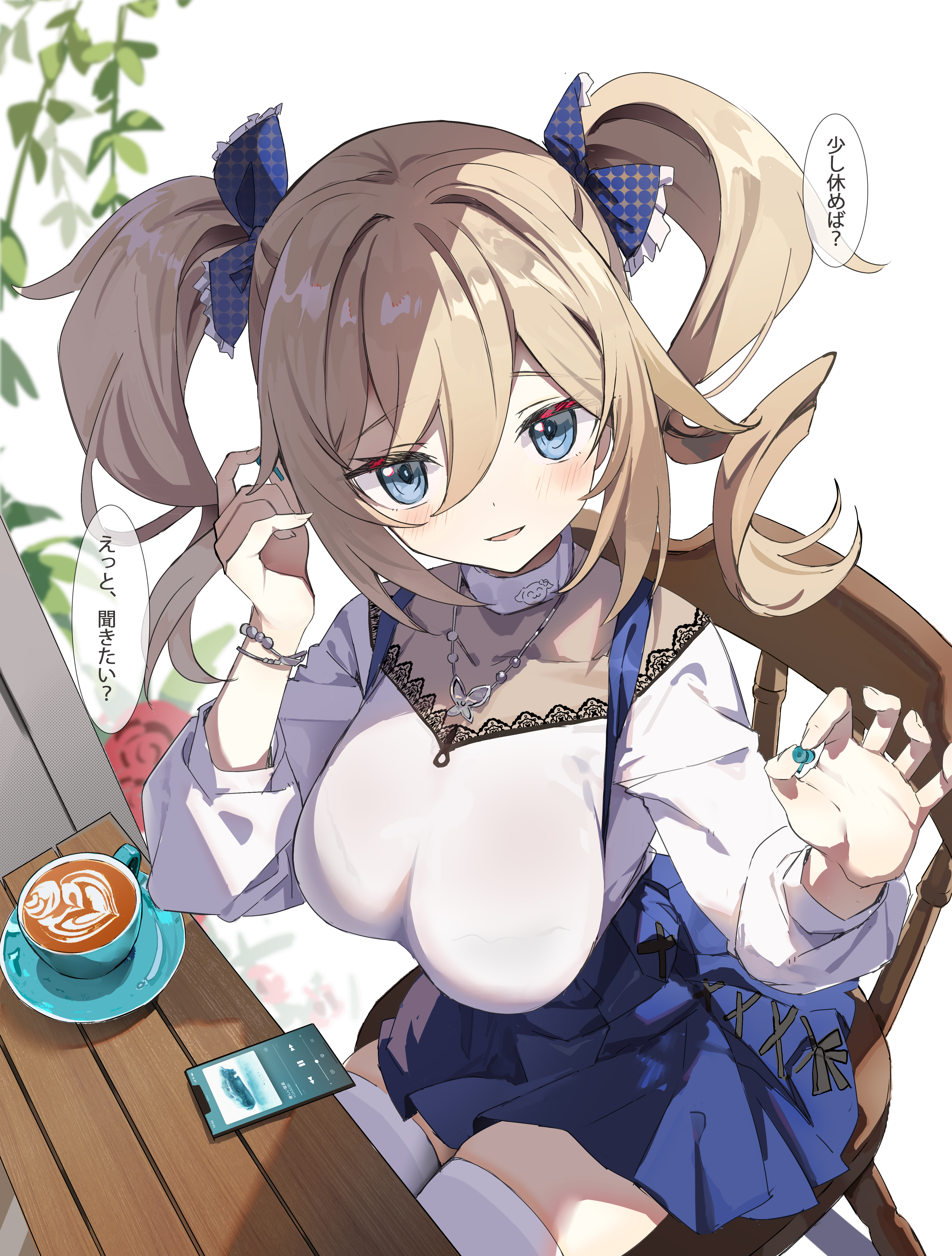 1girls, barbara (genshin impact), big breasts, blonde hair, blue eyes, blush, bra, bra visible through clothes, bracelet, breasts, chair, choker, coffee, coffee cup, cup, earphones, female, female only, genshin impact, hair between eyes, highres, japanese text, legwear, looking at viewer, medium hair, nails, necklace, nun, simao (x x36131422), sitting, skirt, smartphone, smile, solo, speech bubble, stockings, text, tied hair, translated, twintails, white background, white legwear