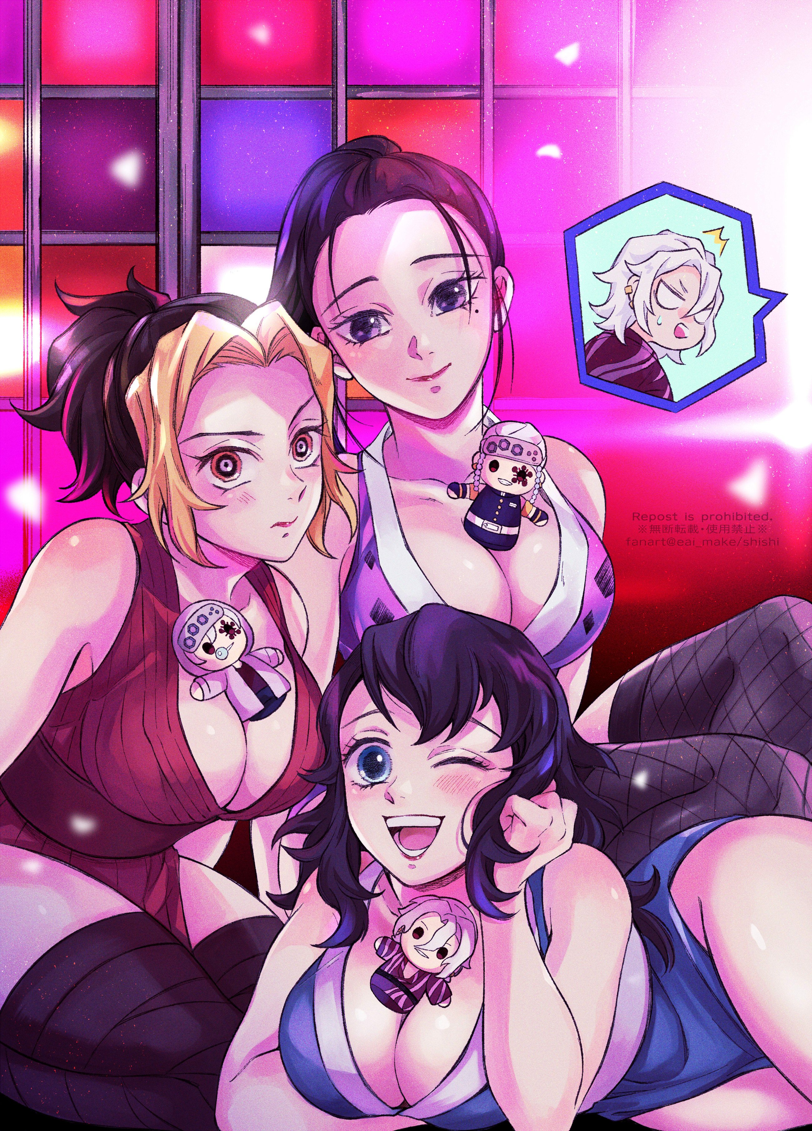 1boy, 3girls, between breasts, big breasts, black hair, black legwear, black thighhighs, black-haired female, blonde hair, blonde-haired female, blue eyes, breasts, canon couple, cleavage, cute, demon slayer, female, female focus, fishnet thighhighs, fishnets, hinatsuru (kimetsu no yaiba), husband and wife, husband and wives, japanese clothes, kimetsu no yaiba, kunoichi, looking at viewer, makio (kimetsu no yaiba), male, married couple, mole under eye, no bra, object between breasts, ponytail, pov, pov eye contact, purple eyes, sleeveless, smile, suma (kimetsu no yaiba), the wives (kimetsu no yaiba), thighhighs, two-tone hair, uzui tengen, wholesome, wink