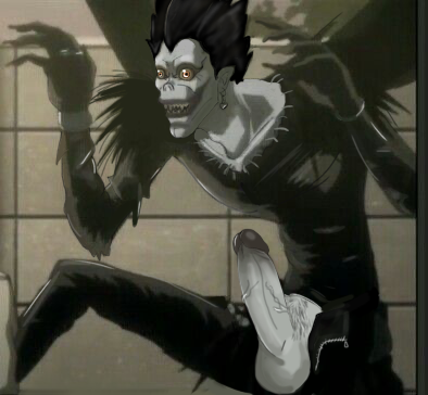 big_eyes big_penis black_body black_hair black_lips creepy_smile cute death_note erection flying leather_clothing male male_only penis red_eyes ryuk shinigami testicles uncensored white_skin wings