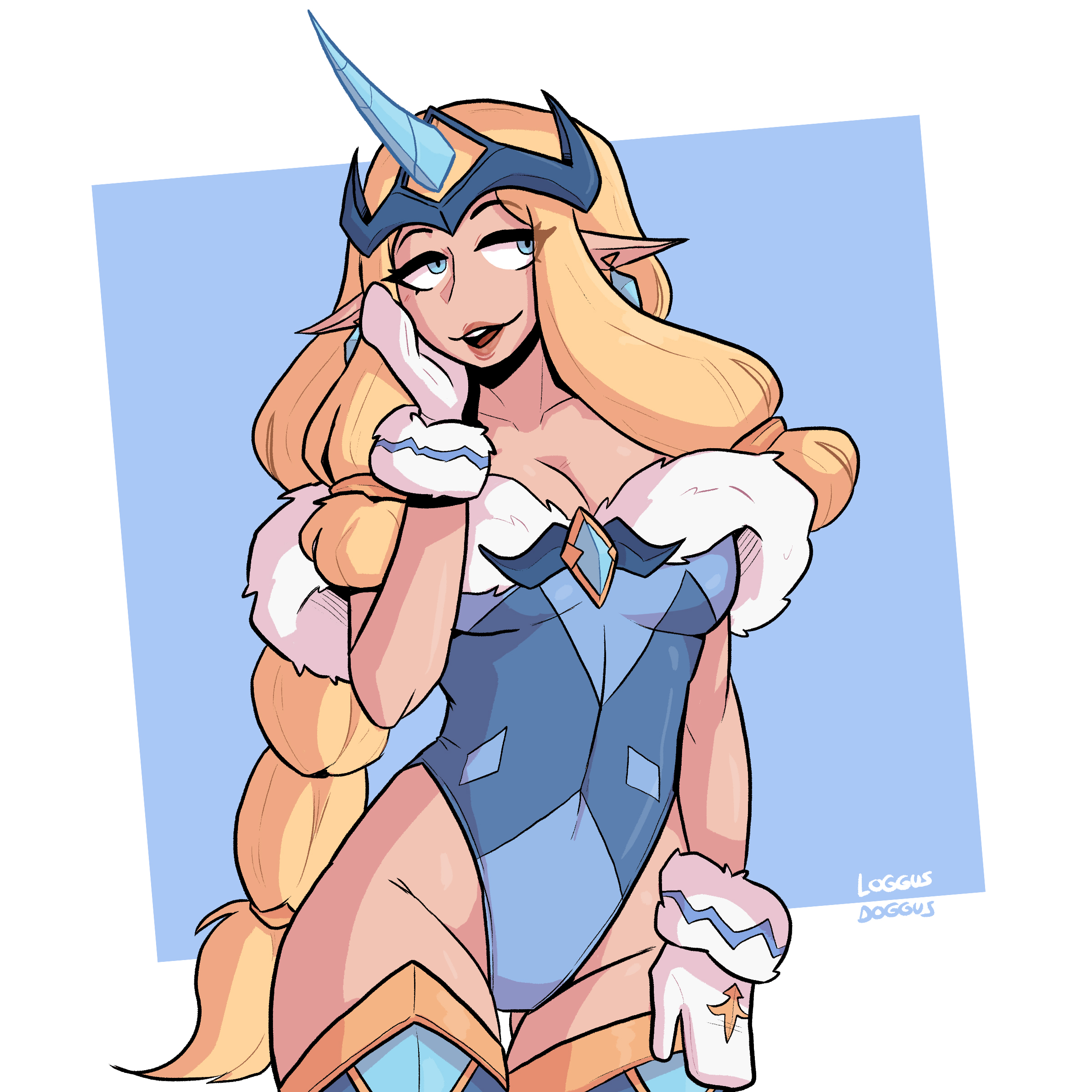 blonde hair, blue leotard, braid, celestial (league of legends), christmas outfit, elf ears, female, fur, horn, league of legends, leotard, loggus doggus, mittens, pointy ears, snowdown series, soraka, winter wonder soraka, winter wonderland series