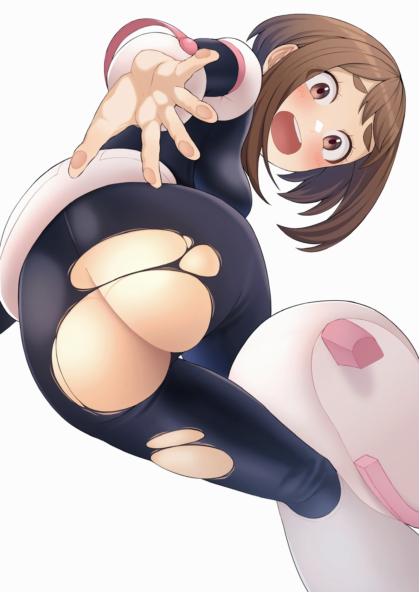 1girls, ass, blush, brown eyes, brown hair, brown-haired female, clothed, clothed female, color, colored, embarrassed, exposed ass, female, female focus, female only, hero outfit (mha), human, kobaji, my hero academia, ochako uraraka, ripped bodysuit, ripped clothing, ripped pants, simple background, solo, solo female, solo focus, superhero, superheroine, surprised, teenage female, teenager, torn clothes, white background, xiao lin gt, young