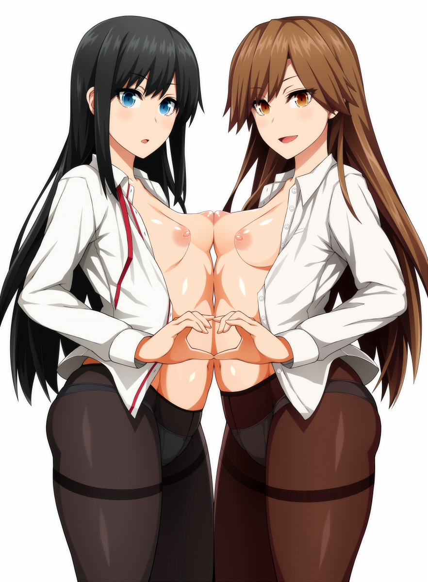 2girls arashio_(kantai_collection) asashio_(kantai_collection) black_hair blue_eyes breast_press breasts brown_eyes brown_hair eyebrows_visible_through_hair heart heart_hands highres kantai_collection long_hair multiple_girls nipples open_clothes open_mouth open_shirt panties panties_under_pantyhose pantyhose remodel_(kantai_collection) shirt small_breasts underwear uron-rei white_background white_shirt