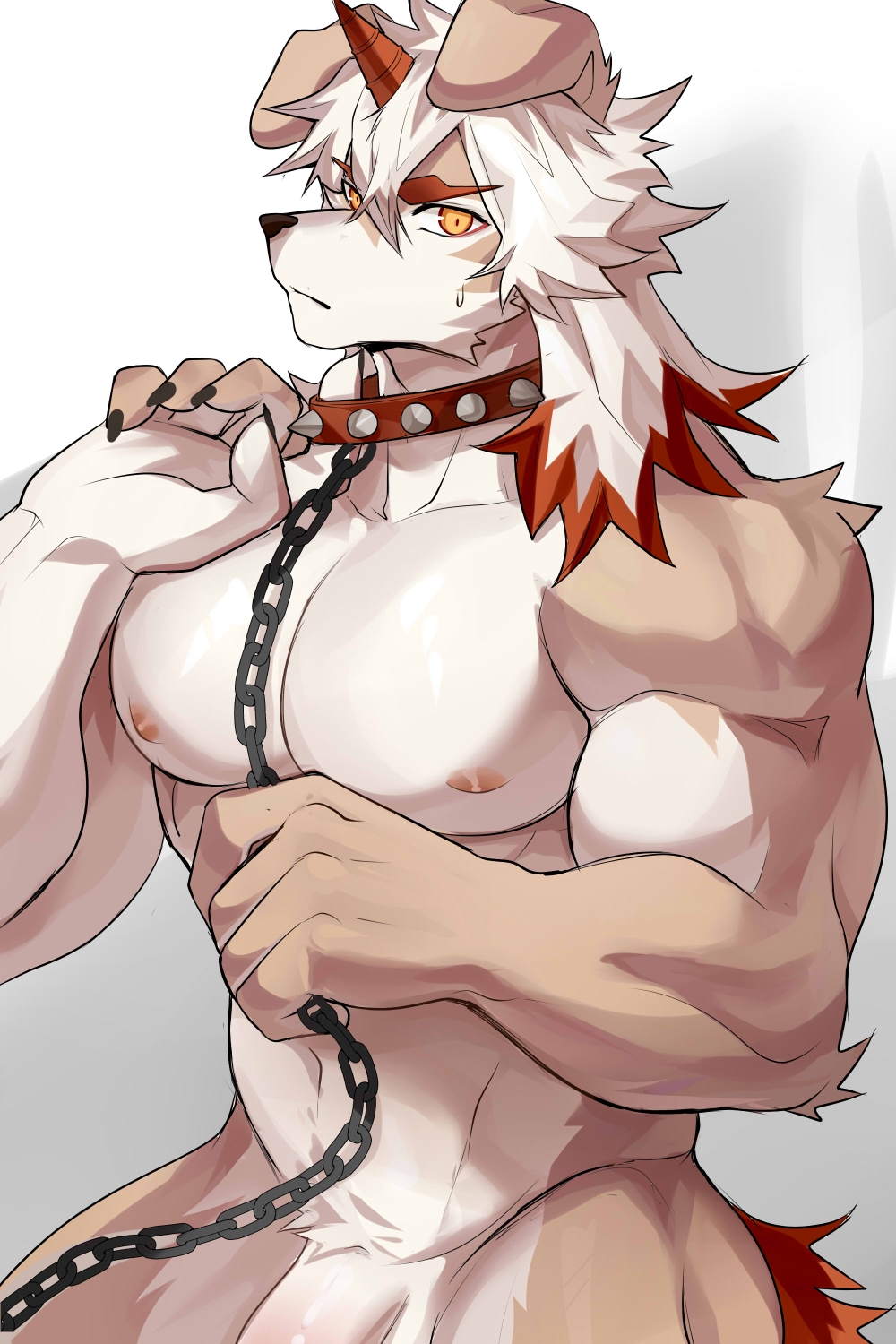 1boy abs animal_collar animal_ears ao_(chung0u0) arknights bangs bara brown_fur chains collar completely_nude dog_boy dog_ears flaccid furry furry_male highres horns hung_(arknights) large_pectorals male male_focus medium_hair multicolored_hair muscular muscular_male nipples nude orange_eyes orange_hair out-of-frame_censoring pectorals penis penis_peek single_horn solo stomach streaked_hair sweatdrop thighs two-tone_fur white_fur white_hair