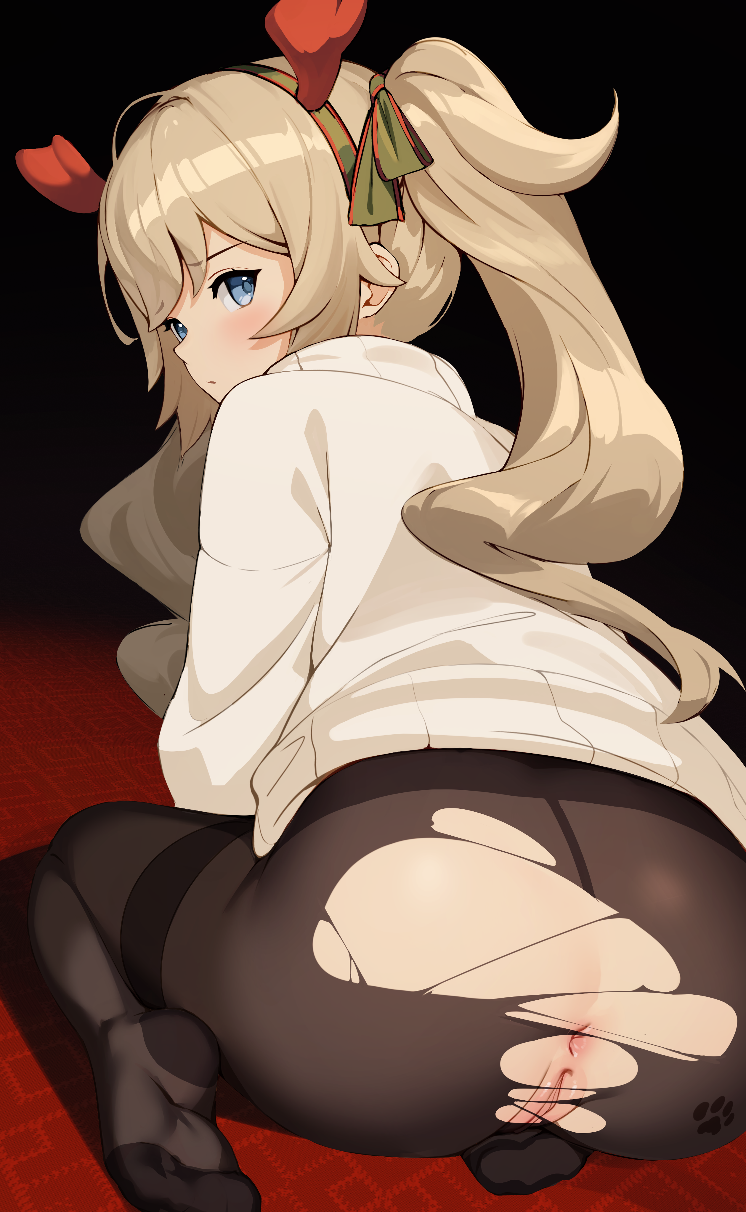 1girls, anus, ass, barbara (genshin impact), barefoot, big ass, black legwear, blonde hair, blue eyes, blush, ett, fake horns, female, female only, genshin impact, highres, kneeling, legs, legwear, long hair, looking at viewer, looking back, nose, nun, pantyhose, pussy, solo, sweater, tied hair, torn legwear, torn pantyhose, twintails, uncensored, vagina