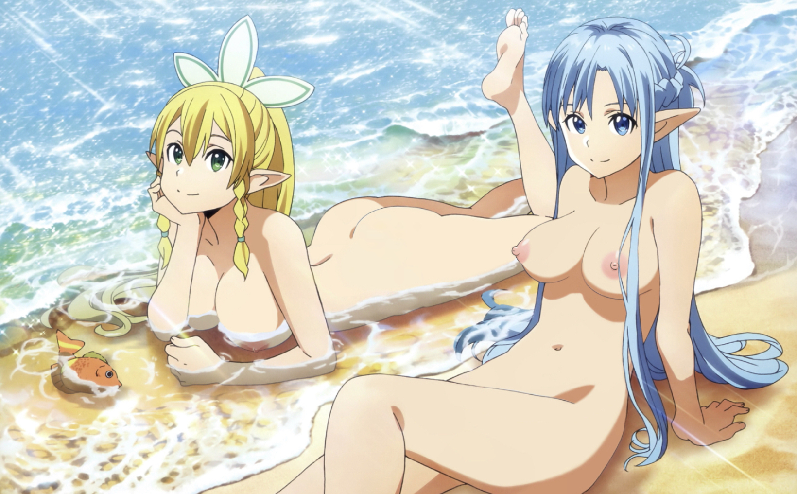 2girls, alfheim online, ass, asuna (sao-alo), beach, blonde hair, blue eyes, blue hair, breasts, completely nude, convenient censoring, day, edit, elf, elf ears, elf female, fairy, female, green eyes, in water, kirigaya suguha, large breasts, leafa, long ears, long hair, looking at viewer, lying, lying on stomach, medium breasts, navel, nipples, nude, outdoors, outside, pointy ears, sand, sitting, sword art online, water, yuuki asuna
