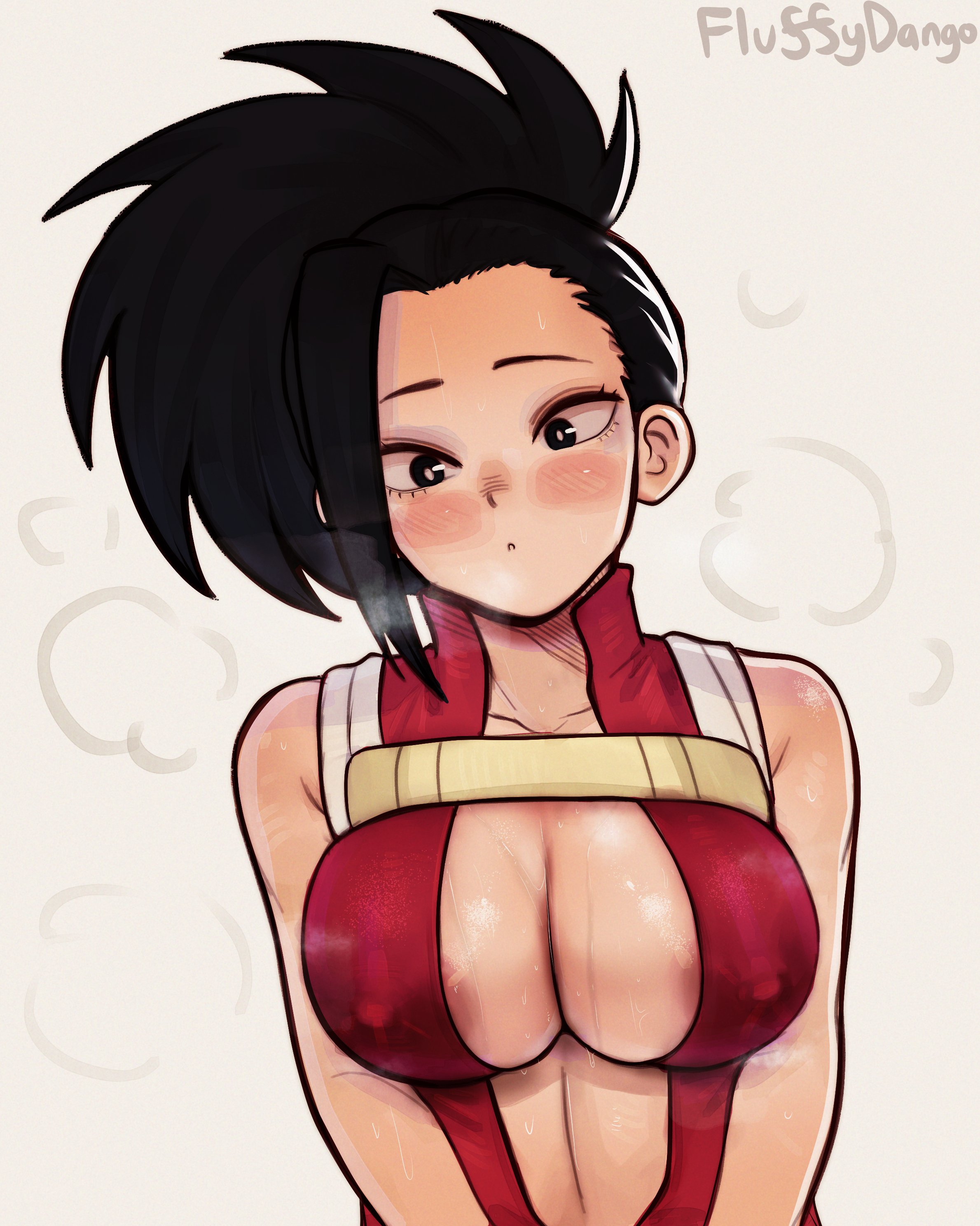 1girls, areolae, big breasts, black hair, black-haired female, breasts, breath, female, female only, fluffydango, hero outfit (mha), human, human female, large breasts, leotard, light-skinned female, momo yaoyorozu, momo yaoyorozu (hero outfit), my hero academia, partially clothed, solo, solo female, superheroine, surprised, sweat, sweating