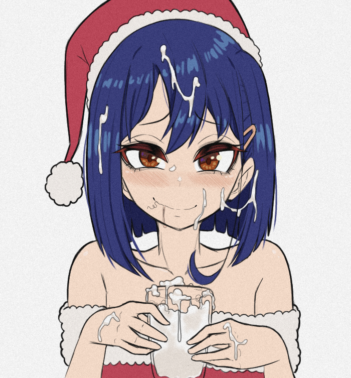 bare_shoulders blue_hair blush brown_eyes closed_mouth collarbone cum cup drinking_glass duke_wintermaul eyebrows_visible_through_hair facial female flip_flappers hair_ornament hairclip hat holding holding_cup kokomine_cocona looking_at_viewer pubic_hair red_headwear santa_costume santa_hat short_hair smile solo upper_body young_savage