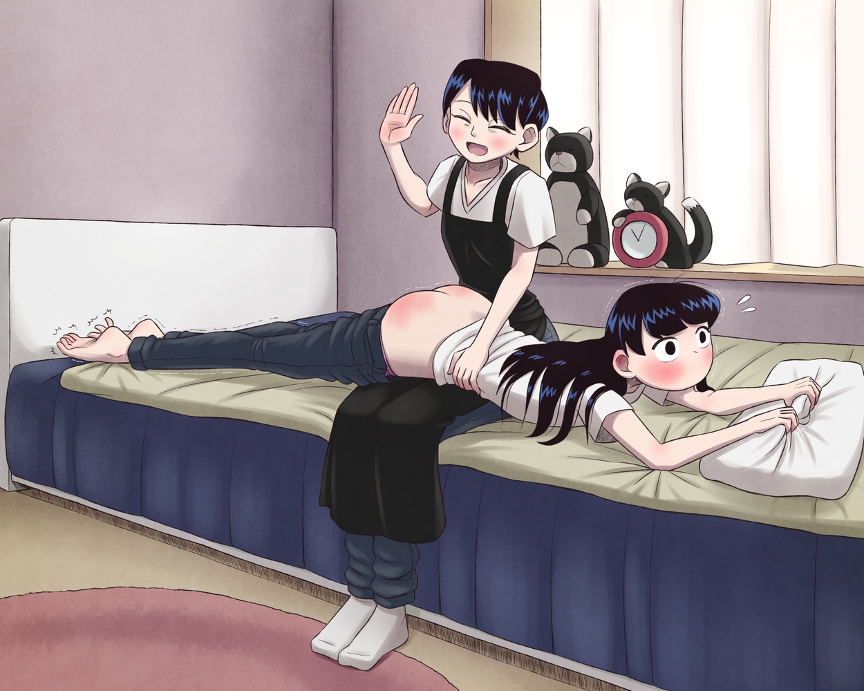 ass, bare ass, bedroom, black hair, blush, closed eyes, daughter, embarrassed, exposed ass, female, femdom, hand on hip, komi shouko, komi shuuko, komi-san wa komyushou desu, long hair, mother, mother and daughter, no mouth, open mouth, over the knee spanking, pants down, pillow grab, punishment, punishment spanking, red hands, spank marks, spanking, yuri, zekel