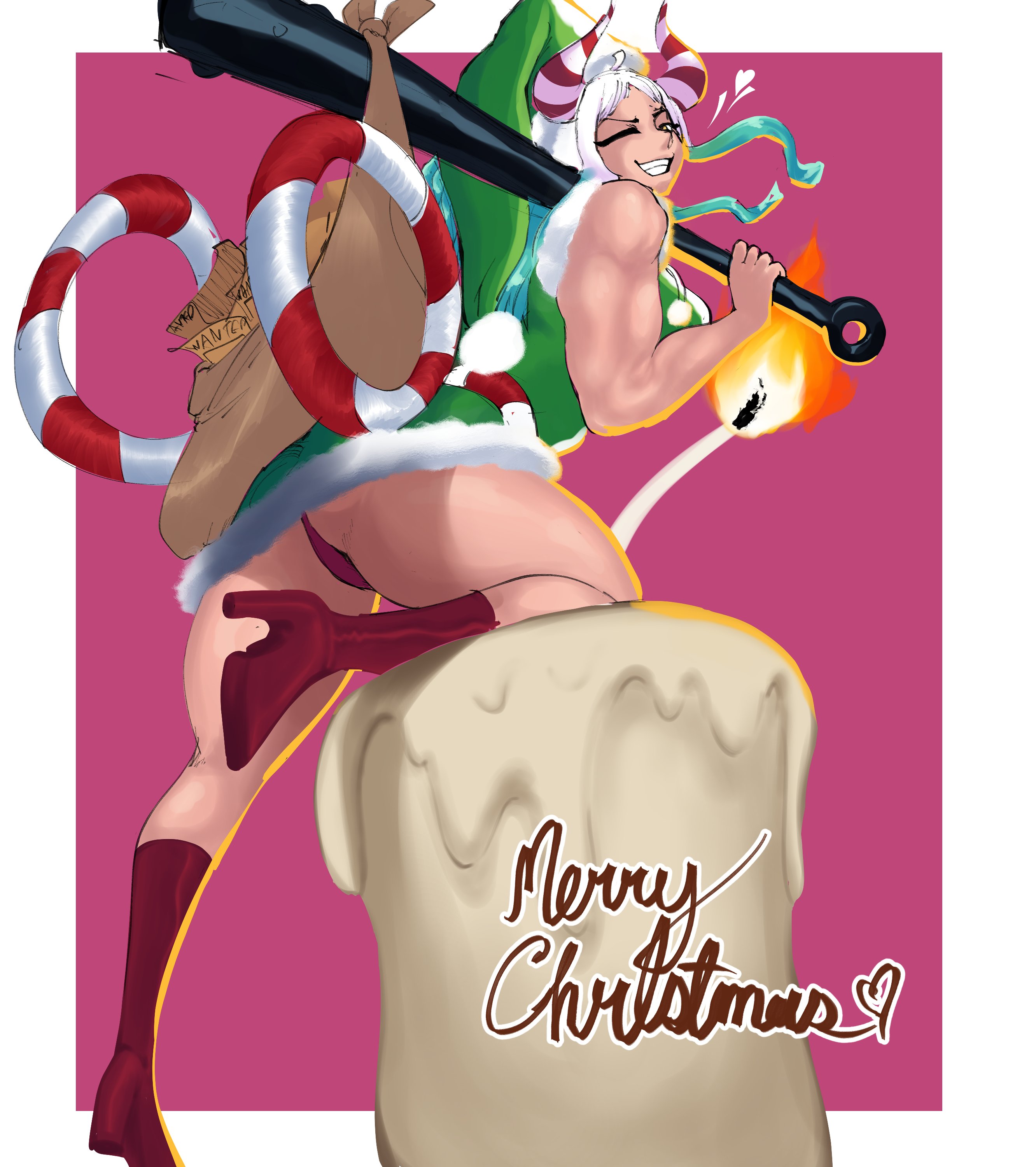 1girls, ass, big breasts, blue hair, breasts, brown eyes, bubble ass, bubble butt, clothed, clothing, curvy, ear piercing, earrings, female, female only, gradient hair, hi res, highres, hoop earrings, horned humanoid, horns, humanoid, kanabou, light skin, light-skinned female, long hair, multicolored hair, one piece, oni, oni female, oni horns, presenting hindquarters, revealing clothes, santa claus, santa costume, santa hat, simple background, solo, two-tone hair, white hair, white-haired female, wide hips, wyvern, wyvernn, yamato (one piece)