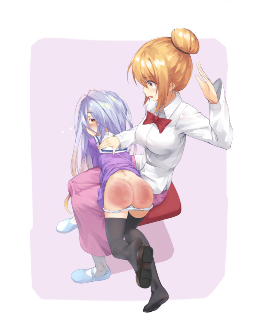 2girls, aged up, artist request, ass, bare ass, blush, crying, crying with eyes open, exposed ass, female, female only, hand behind back, highres, light blue hair, long hair, looking back, multiple females, multiple girls, no game no life, open mouth, orange hair, over the knee spanking, panties down, punishment, punishment spanking, shiro (no game no life), socks, spanking, tears, uniform