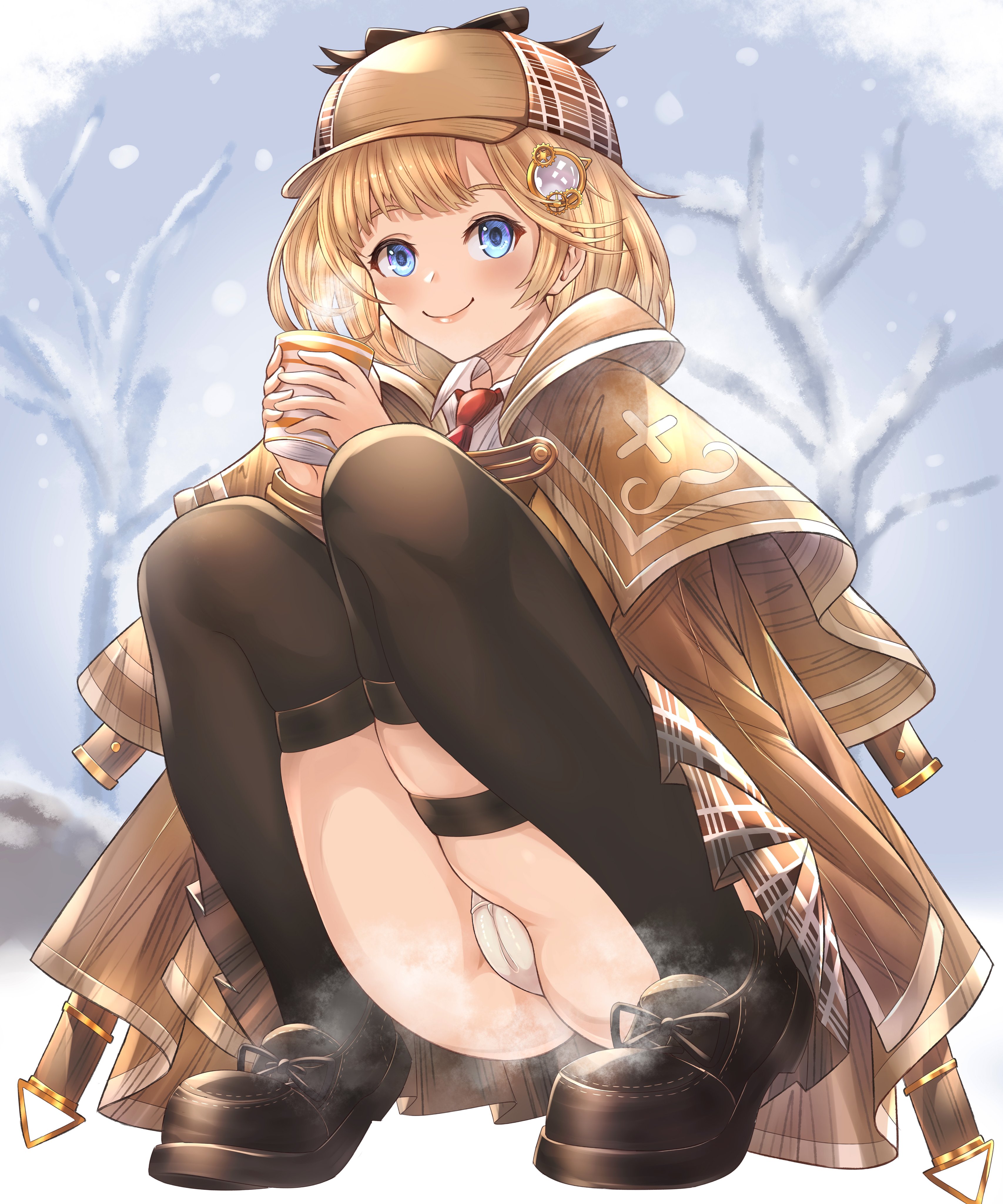 1girls, absurdres, blonde hair, blue eyes, cameltoe, cup, female, fully clothed, hat, hi res, highres, hololive, hololive english, hololive myth, honkivampy, jacket, loafers, monocle, panties, pleated skirt, pussy, red tie, shoes, skindentation, skirt, snow, squatting, steam, thighhighs, underwear, virtual youtuber, watson amelia, white panties