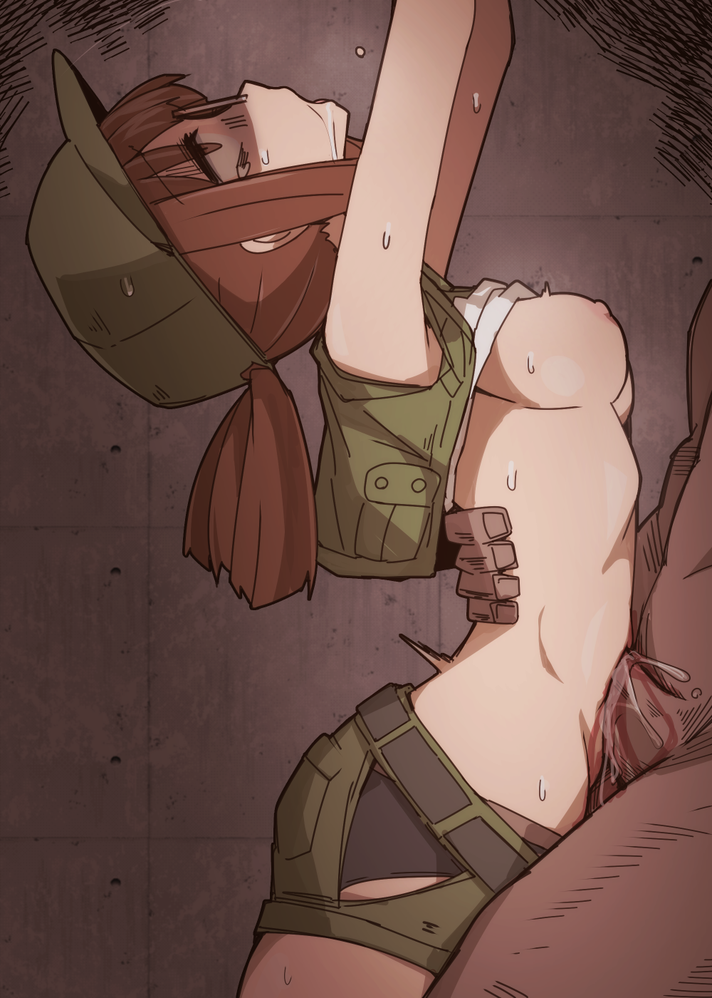 belt bleeding blood breasts brown_hair clothes_lift crop_top cum cum_in_navel cum_on_body cum_on_penis cum_on_stomach dark-skinned_male drooling erection female fio_germi guro hat highres large_breasts large_insertion large_penis metal_slug mouth_drool navel navel_sex nipples nns_(sobchan) open_mouth penis ponytail rape red_eyes ryona saliva sex shirt shirt_lift short_hair shorts simple_background snk solo_focus stomach straight sweat uncensored underwear wound_fucking